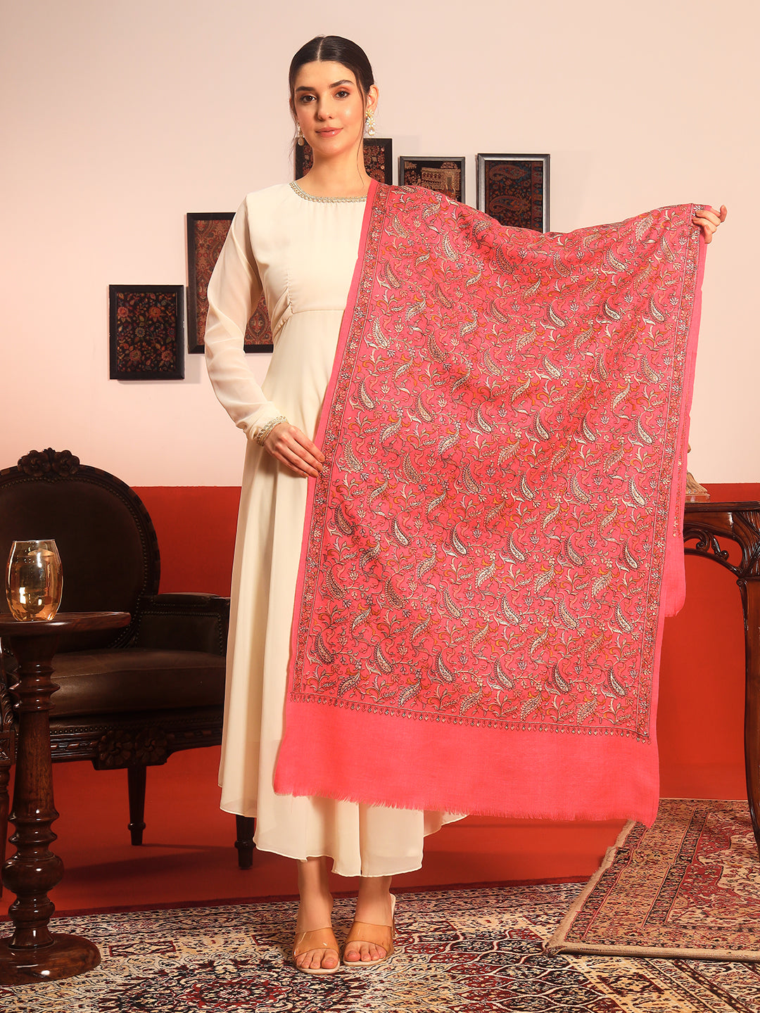 Pashmoda Women’s 100% Pure Wool Sozni Hand Embroidered Stole (Size: 71x203 cm)