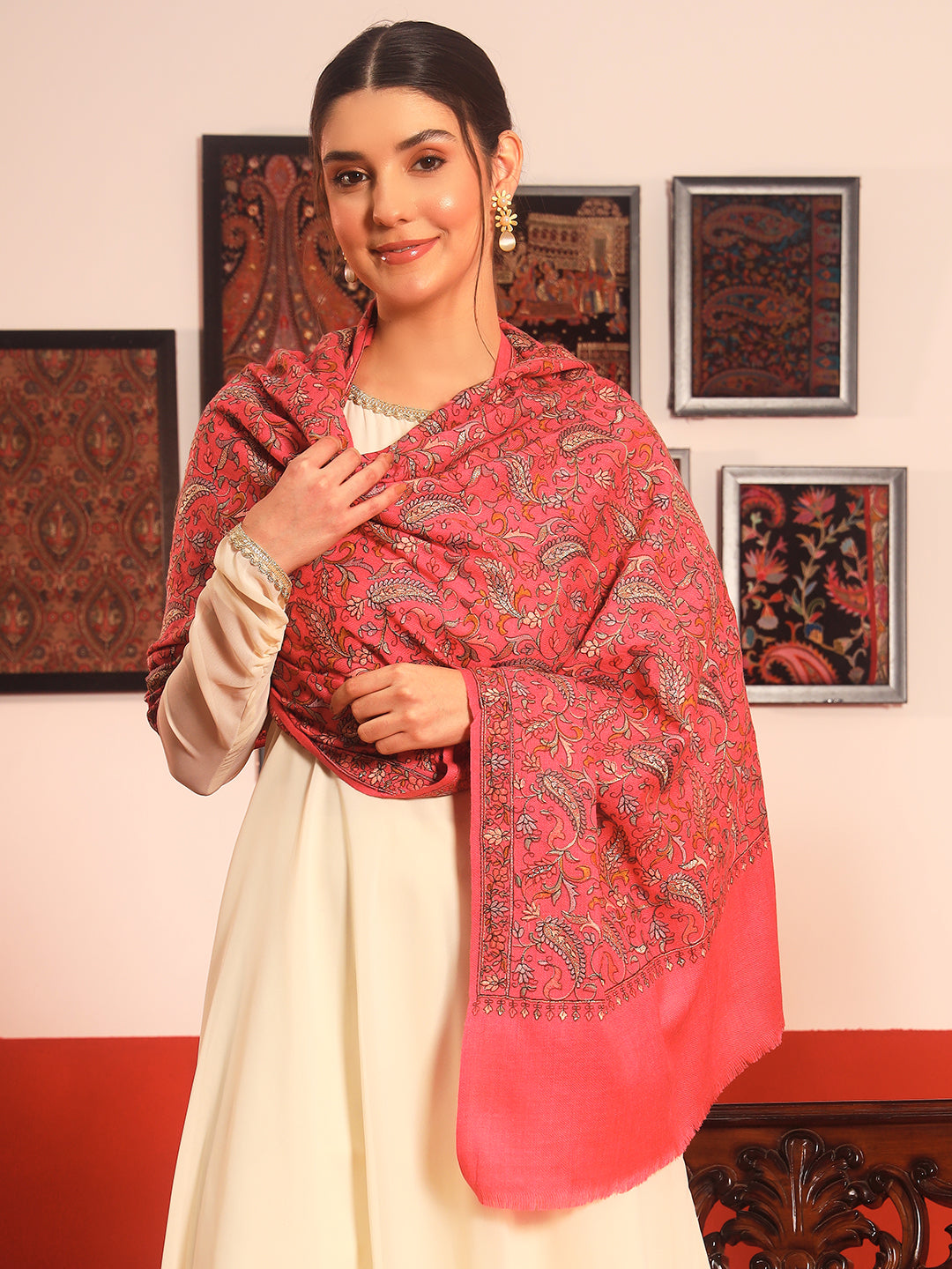 Pashmoda Women’s 100% Pure Wool Sozni Hand Embroidered Stole (Size: 71x203 cm)