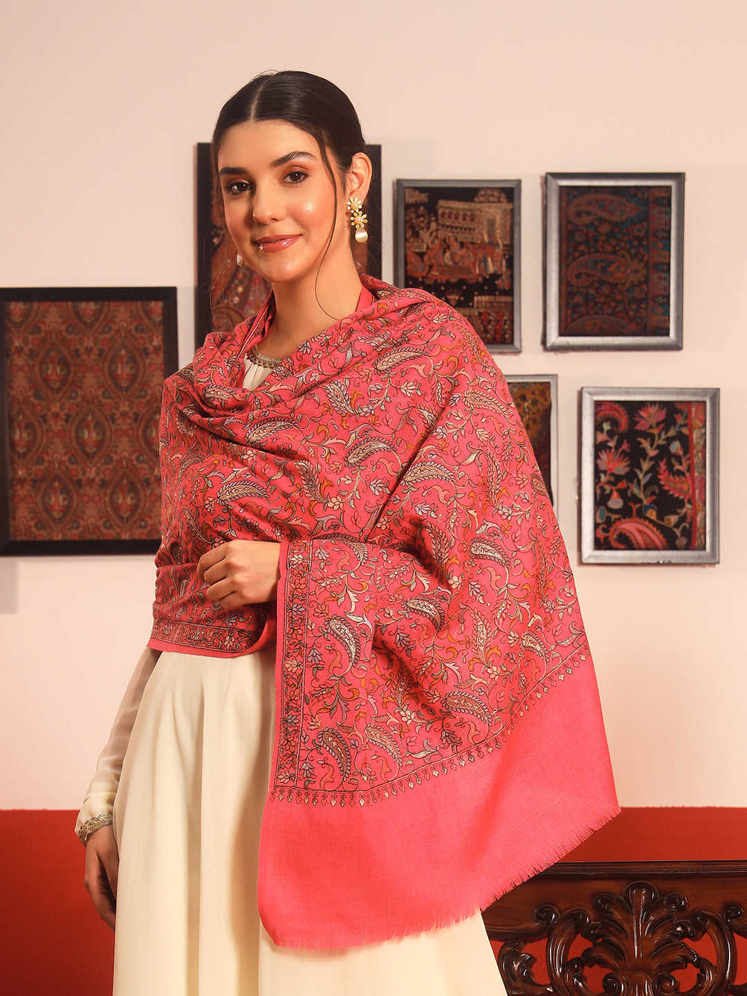 Pashmoda Women’s 100% Pure Wool Sozni Hand Embroidered Stole (Size: 71x203 cm)