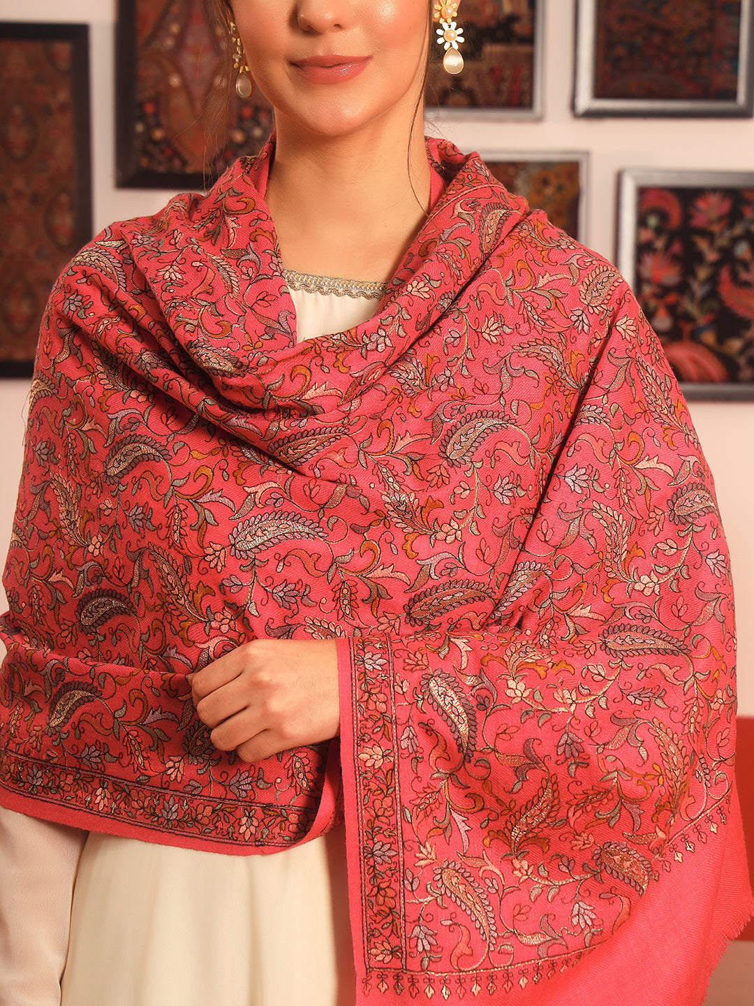 Pashmoda Women’s 100% Pure Wool Sozni Hand Embroidered Stole (Size: 71x203 cm)