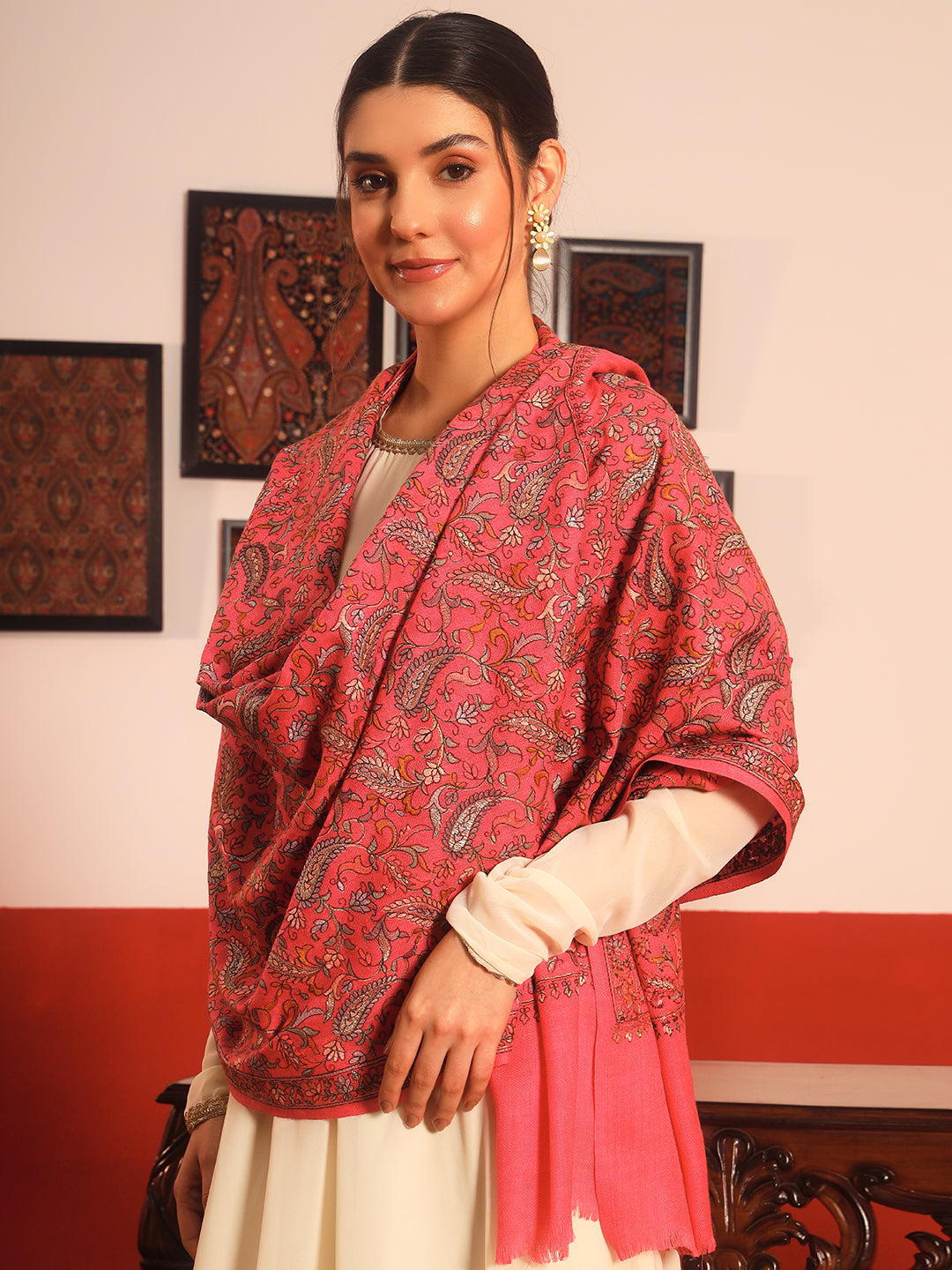 Pashmoda Women’s 100% Pure Wool Sozni Hand Embroidered Stole (Size: 71x203 cm)