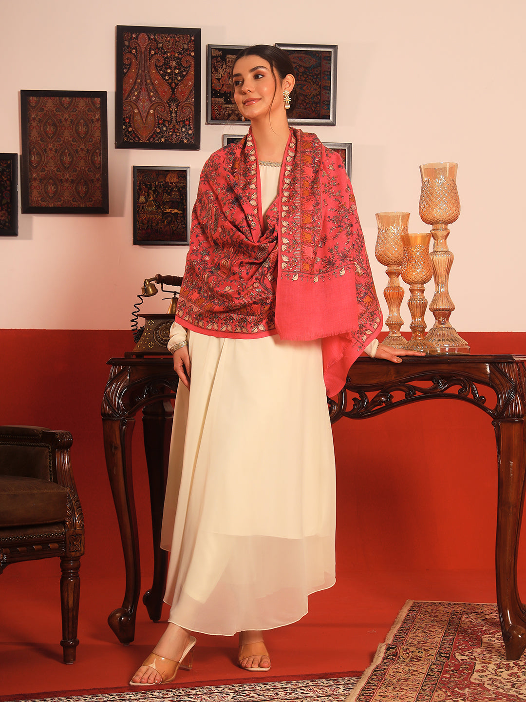 Pashmoda Women Naqsh 100% Pure Wool Sozni Hand Embroidered Stole (Size:71x203cm)