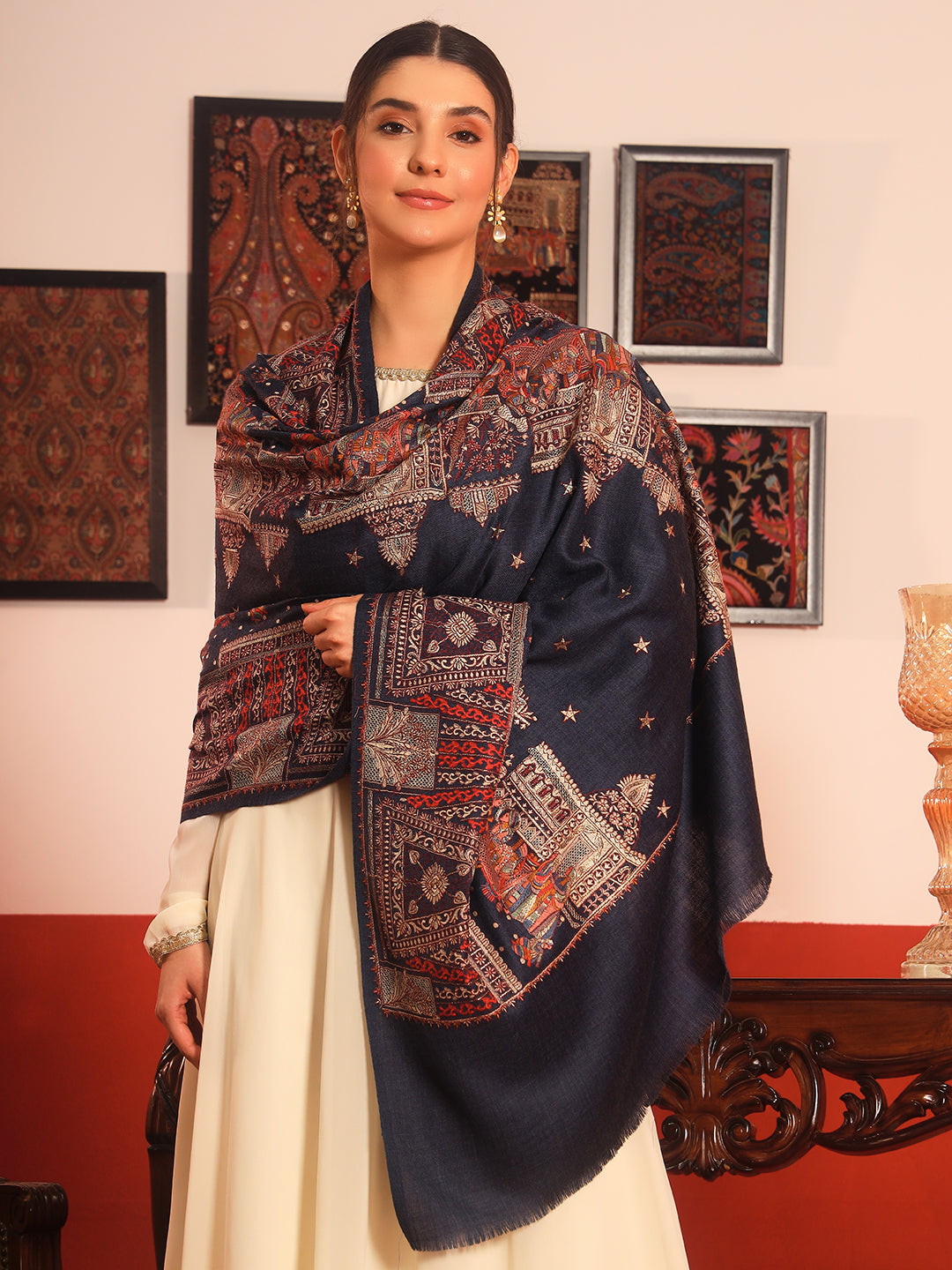 Pashmoda Women Zavian 100% Pure Wool Sozni Hand Embroidered Shawl (Size: 101x203 Cm)