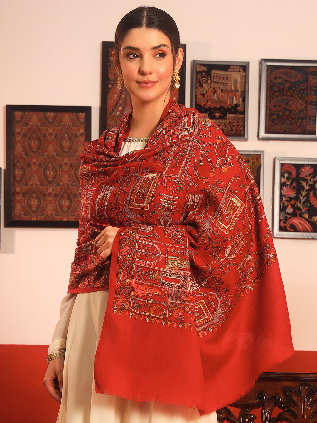 Pashmoda Women Arwina 100% Pure Wool Sozni Hand Embroidered Shawl (Size: 101x203 CM)