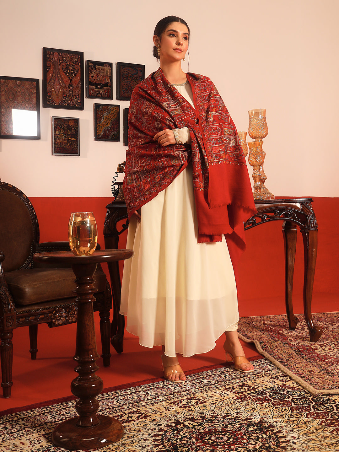 Pashmoda Women Arwina 100% Pure Wool Sozni Hand Embroidered Shawl (Size: 101x203 CM)