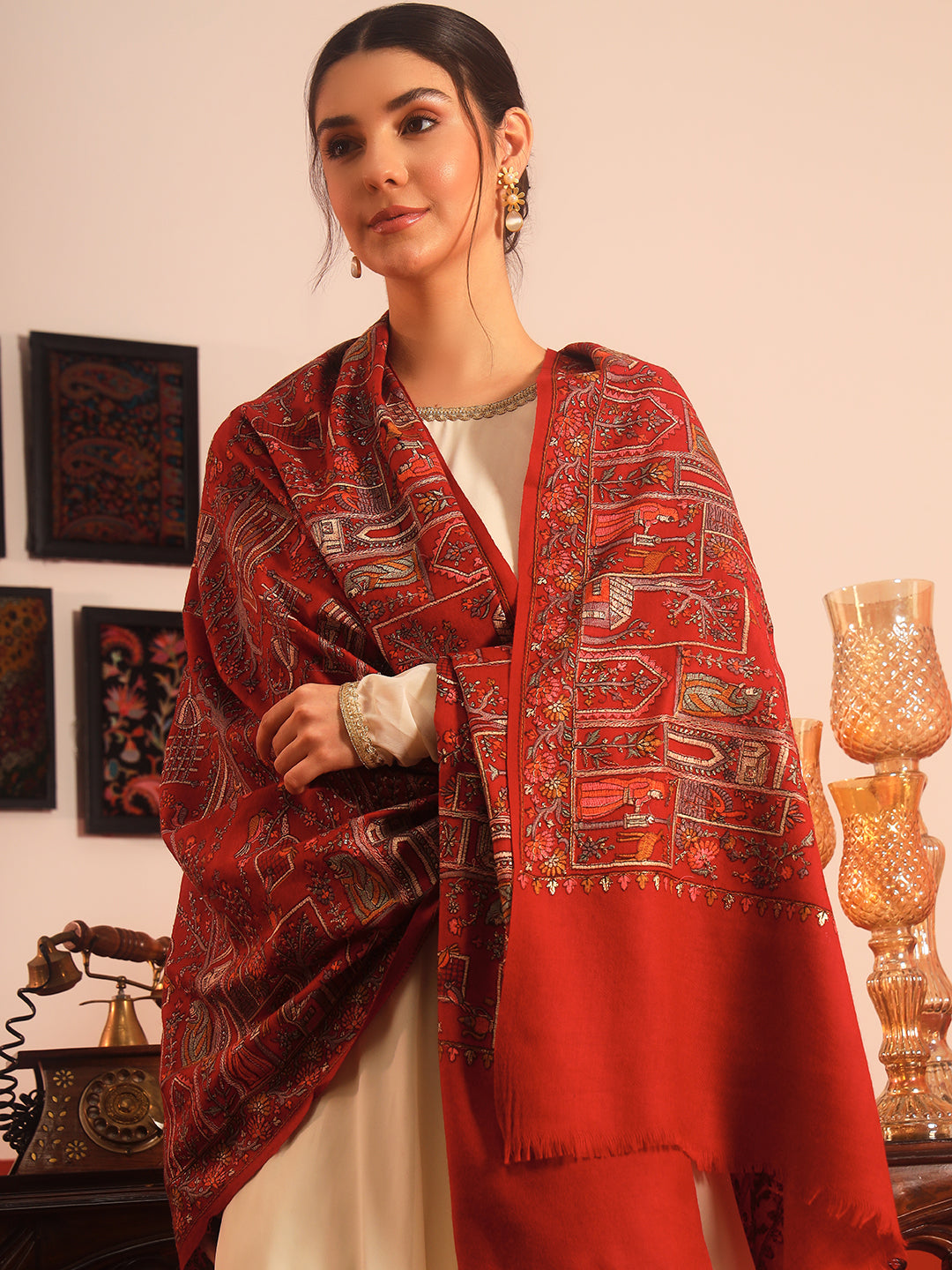 Pashmoda Women Arwina 100% Pure Wool Sozni Hand Embroidered Shawl (Size: 101x203 CM)