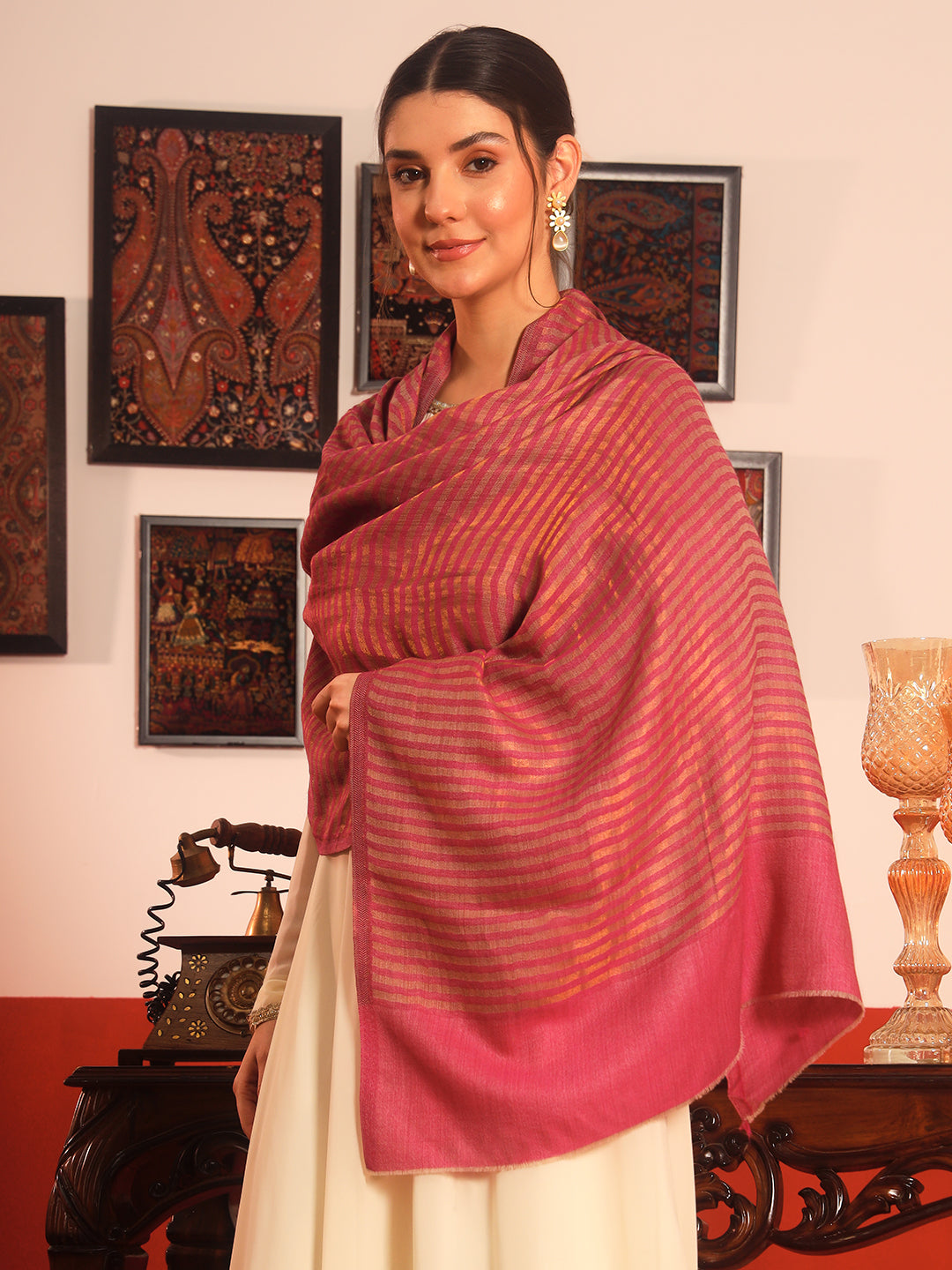 Pashmoda Women Golden Eclipse Reversible Zari Moonlight Fine Wool Stole (Size: 71x203 Cm)