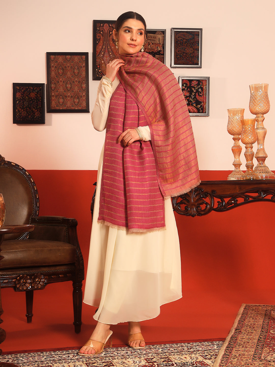 Pashmoda Women Golden Mirage Reversible Zari Moonlight Fine Wool Stole (Size: 71x203 Cm)