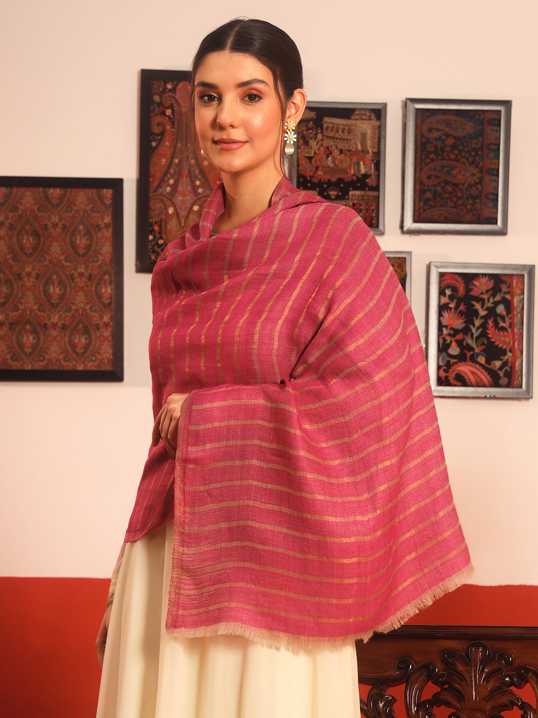 Pashmoda Women Golden Mirage Reversible Zari Moonlight Fine Wool Stole (Size: 71x203 Cm)