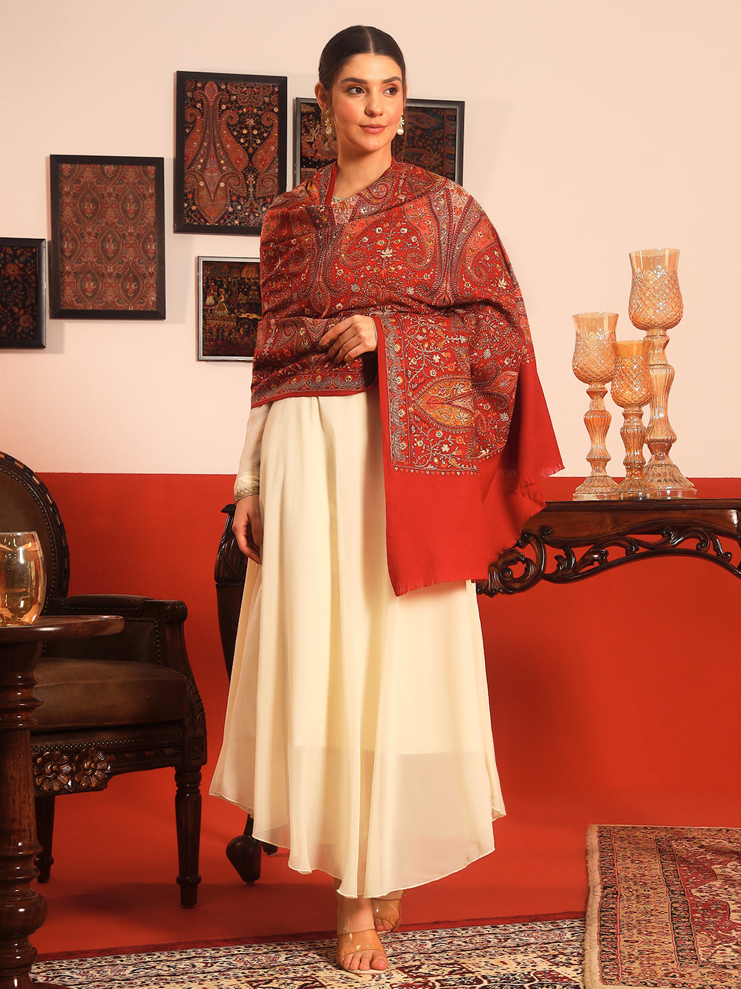 Pashmoda Women Mahnoor 100% Pure Wool Sozni Hand Embroidered Shawl (Size: 101x203 Cm)