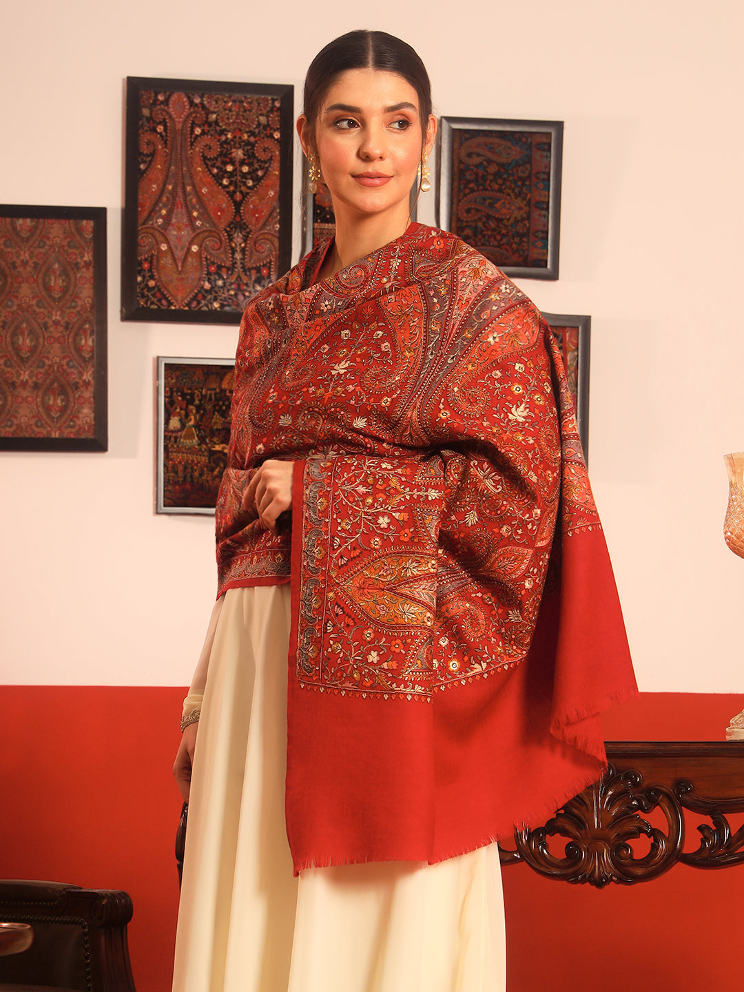 Pashmoda Women Mahnoor 100% Pure Wool Sozni Hand Embroidered Shawl (Size: 101x203 Cm)