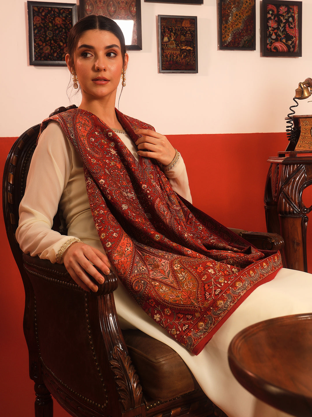 Pashmoda Women Mahnoor 100% Pure Wool Sozni Hand Embroidered Shawl (Size: 101x203 Cm)