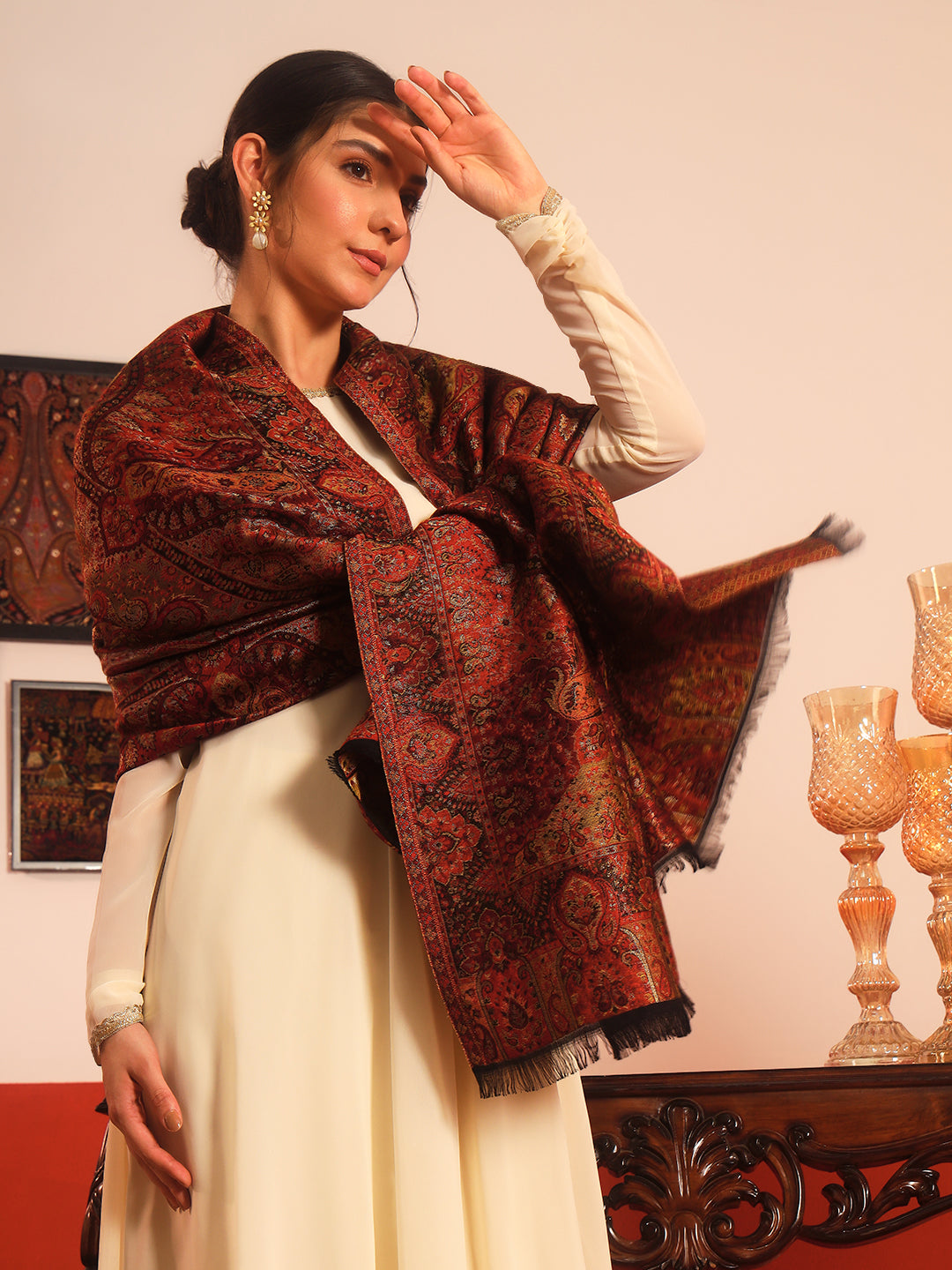 Pashmoda Women Naazneen Kaani Wool Blend Kashmiri Shawl (Size: 101X203 CM)