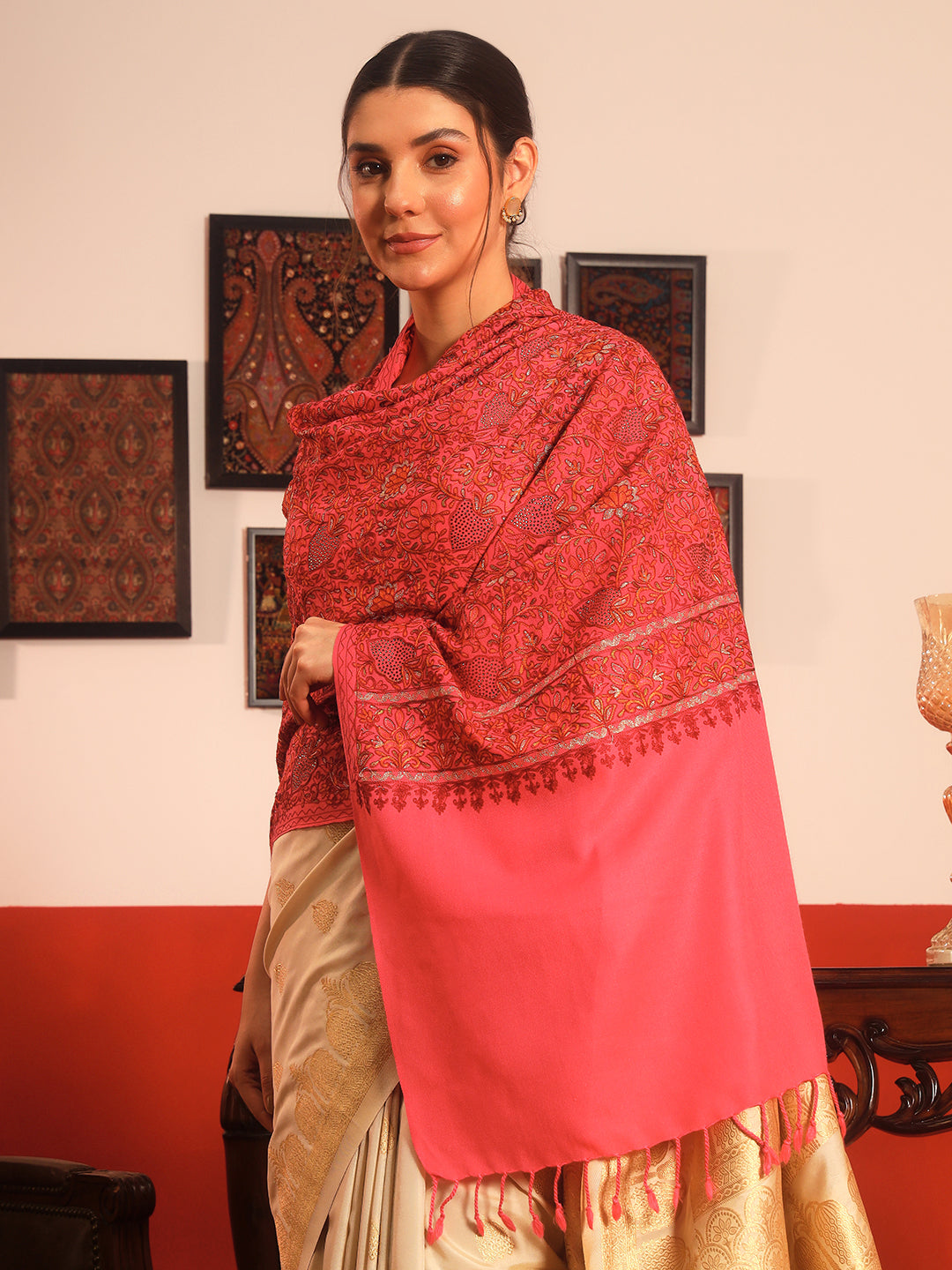 Pashmoda Women Hunar Fine Wool Nalki Embroidered Stole (Size : 71X203 CM)