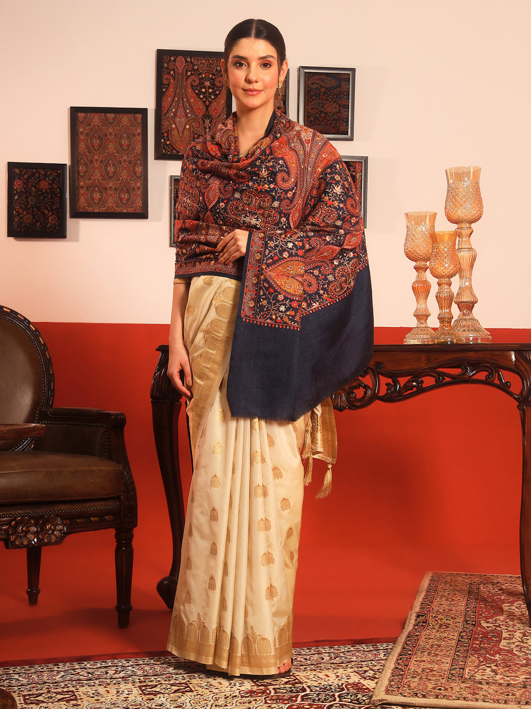 Pashmoda Women’s Mahnoor 100% Pure Wool Sozni Hand Embroidered Shawl (Size: 101x203 Cm)