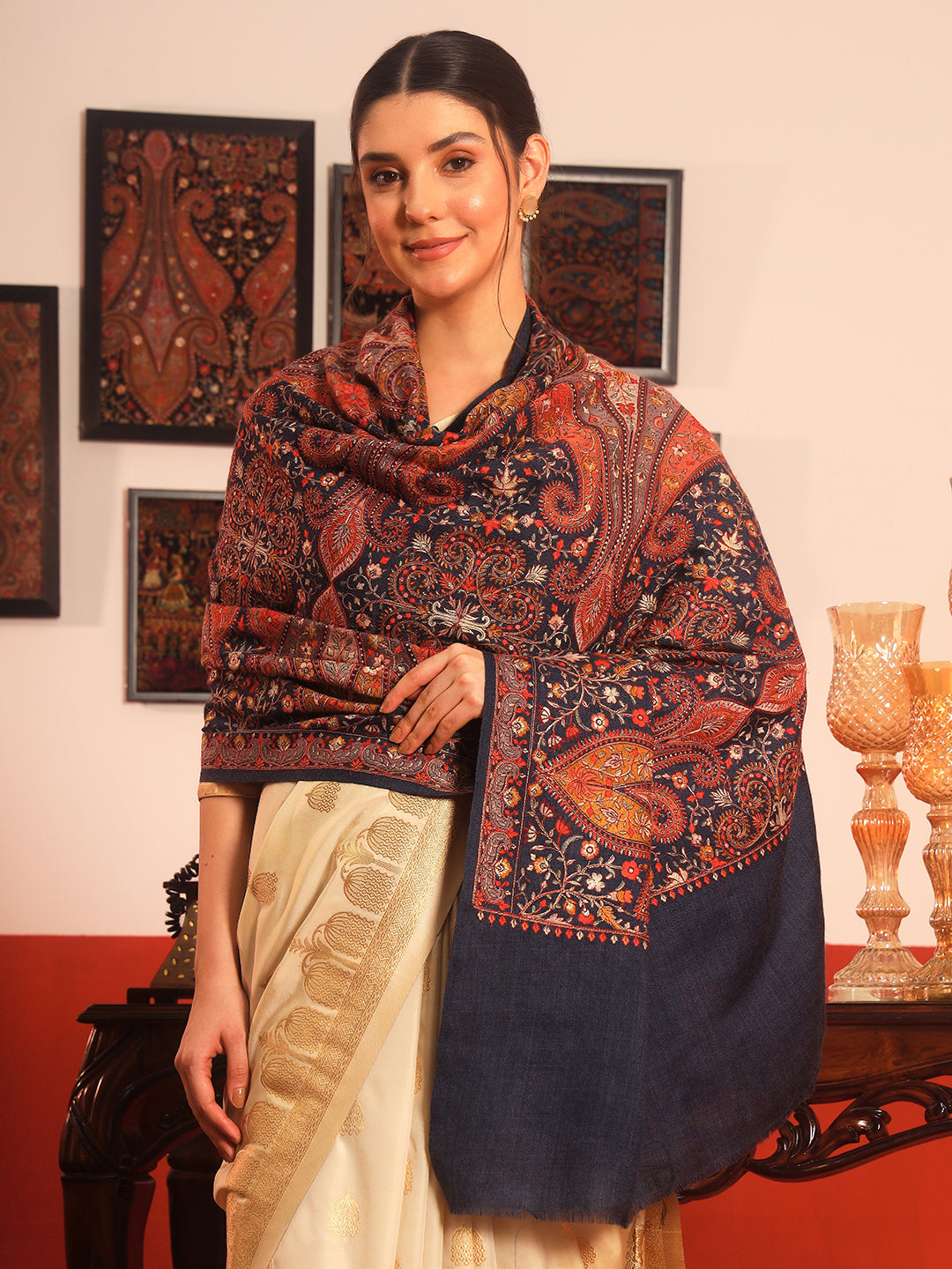 Pashmoda Women’s Mahnoor 100% Pure Wool Sozni Hand Embroidered Shawl (Size: 101x203 Cm)