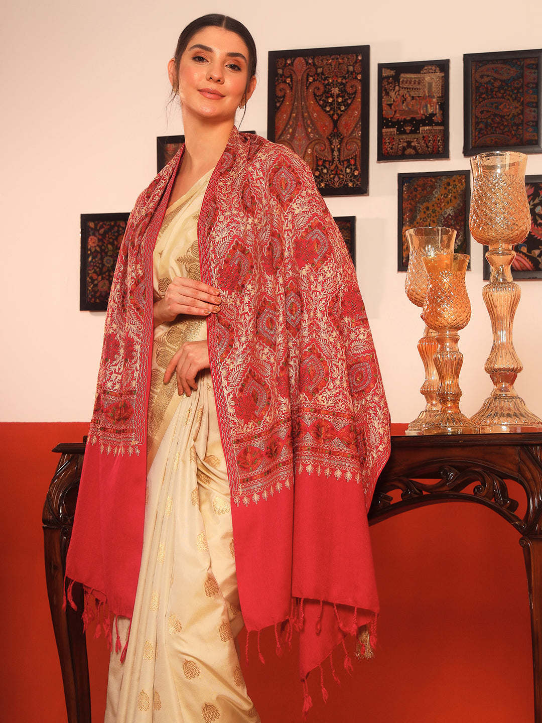 Pashmoda Women Ornate Harmony Fine Wool Nalki Embroidered Stole (Size : 71X203 CM)