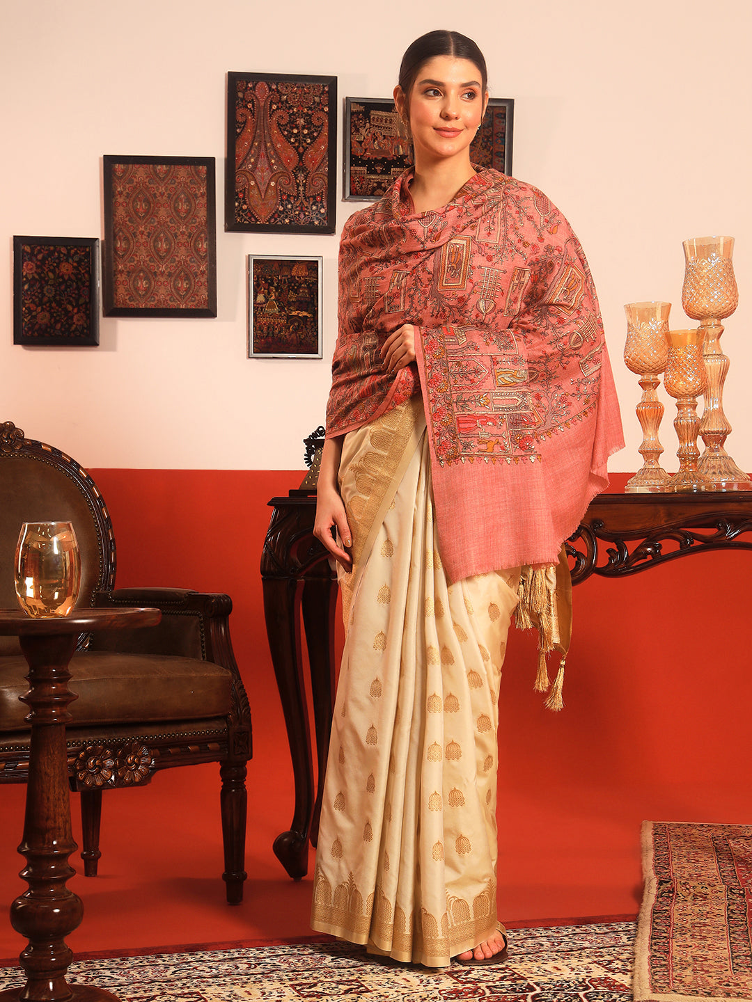 Pashmoda Women Arwina 100% Pure Wool Sozni Hand Embroidered Shawl (Size: 101x203 CM)