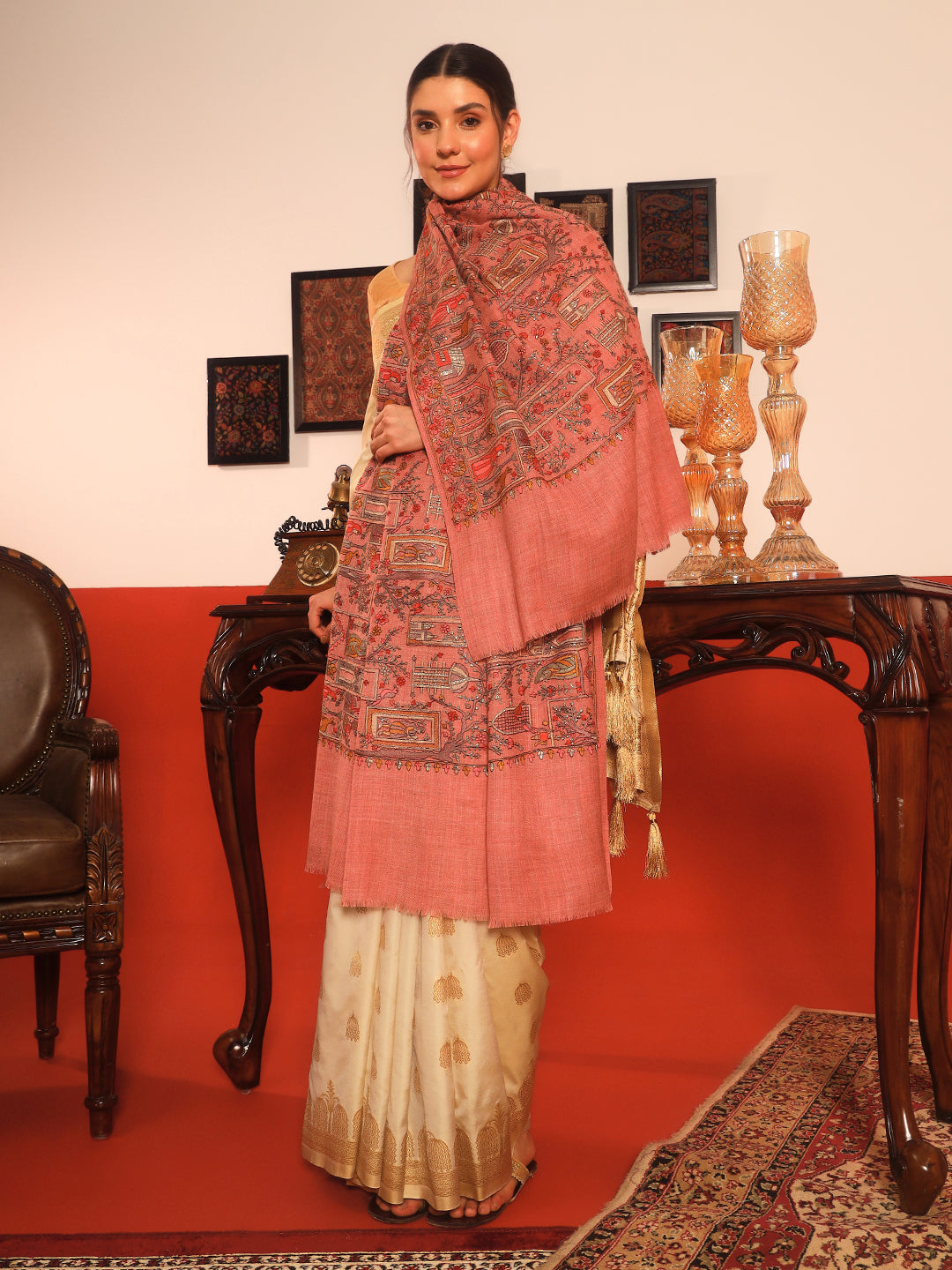 Pashmoda Women Arwina 100% Pure Wool Sozni Hand Embroidered Shawl (Size: 101x203 CM)