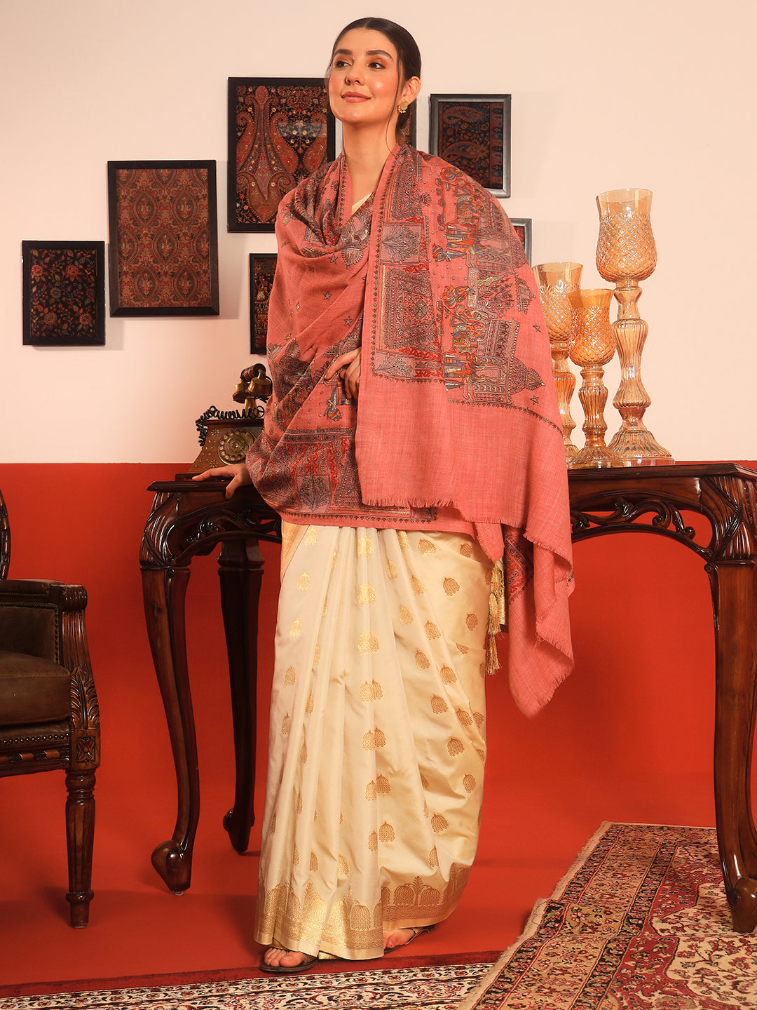 Pashmoda Women Zavian 100% Pure Wool Sozni Hand Embroidered Shawl (Size: 101x203 Cm)