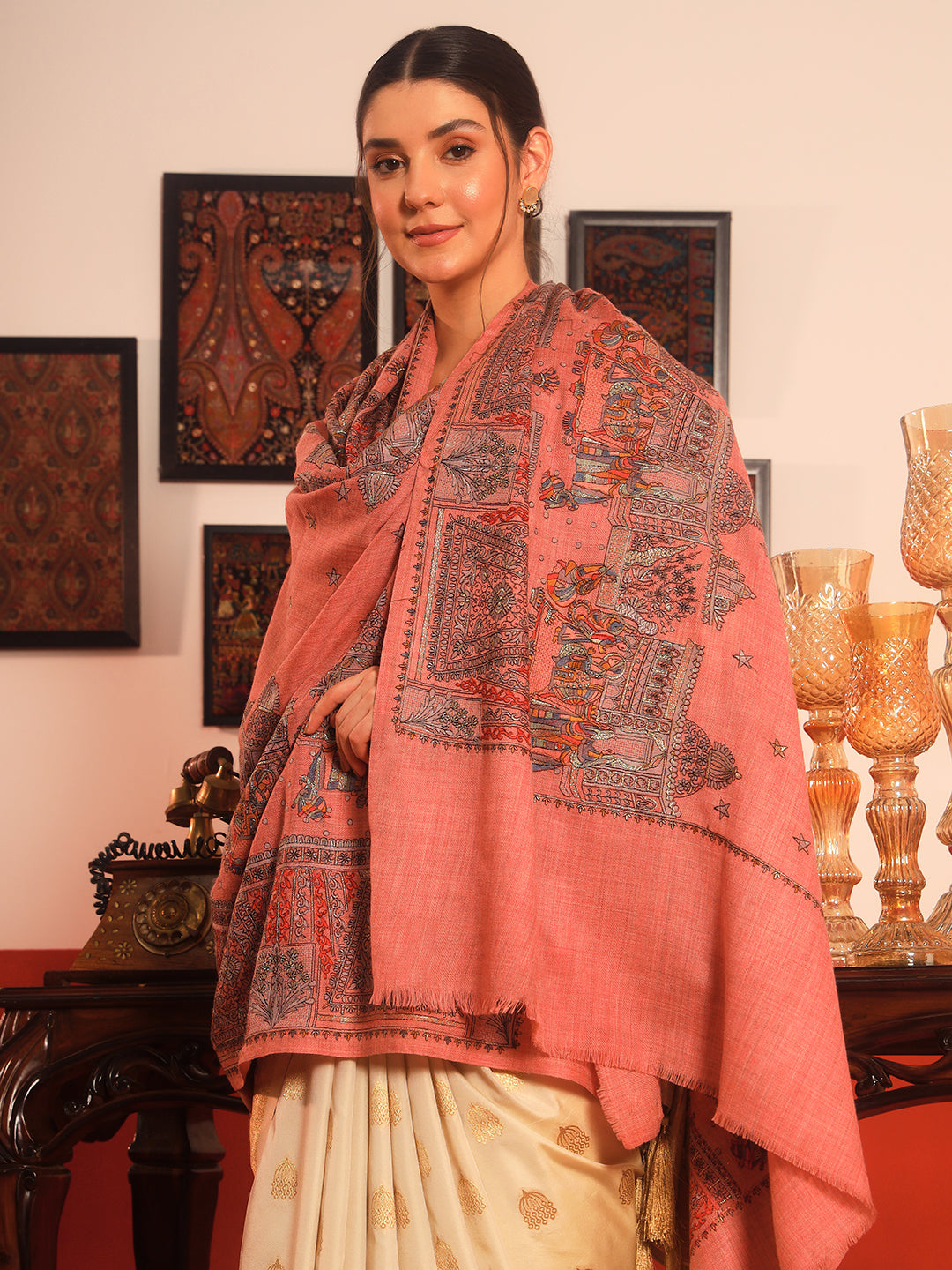 Pashmoda Women Zavian 100% Pure Wool Sozni Hand Embroidered Shawl (Size: 101x203 Cm)