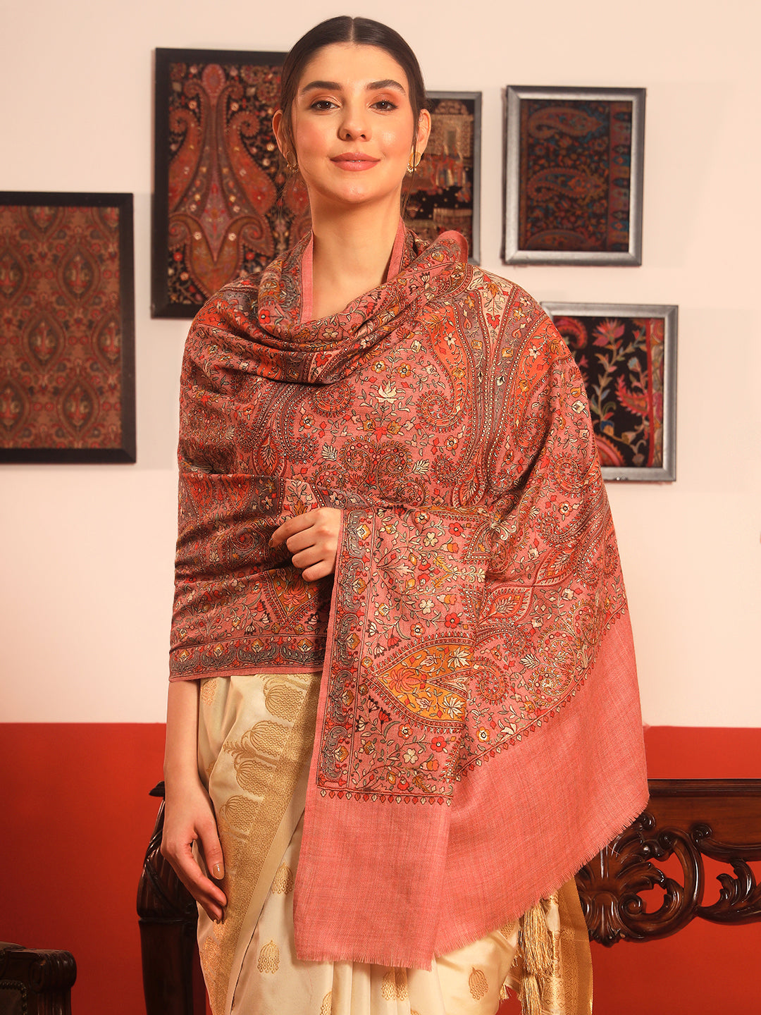 Pashmoda Women Mahnoor 100% Pure Wool Sozni Hand Embroidered Shawl (Size: 101x203 Cm)