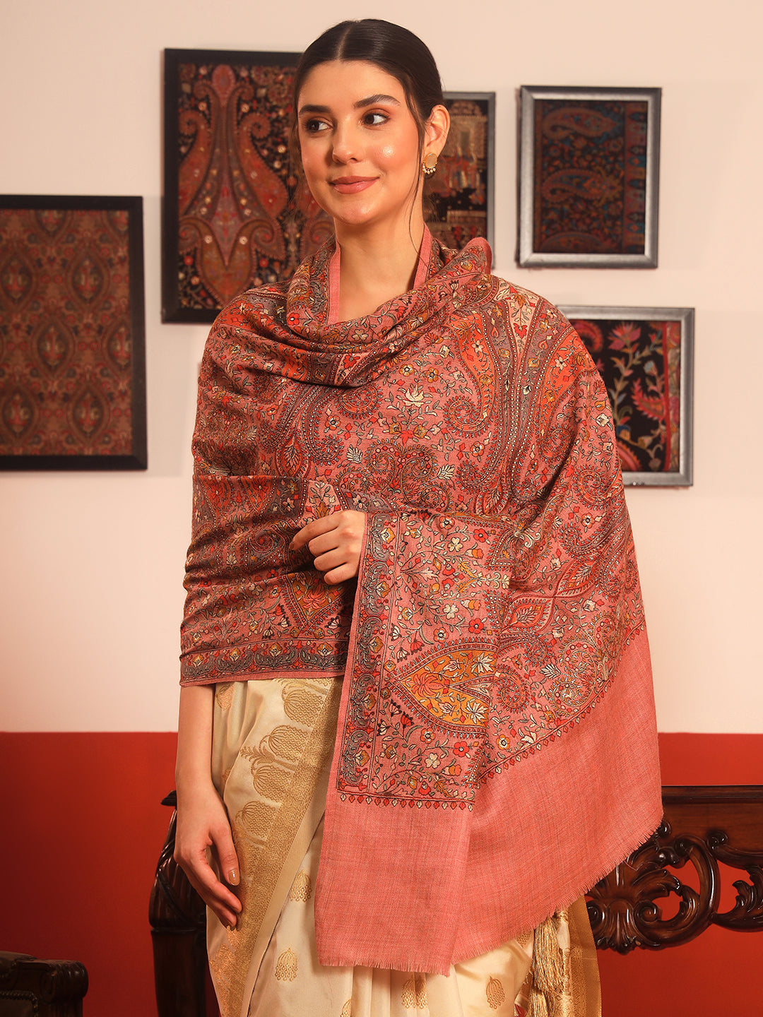 Pashmoda Women Mahnoor 100% Pure Wool Sozni Hand Embroidered Shawl (Size: 101x203 Cm)