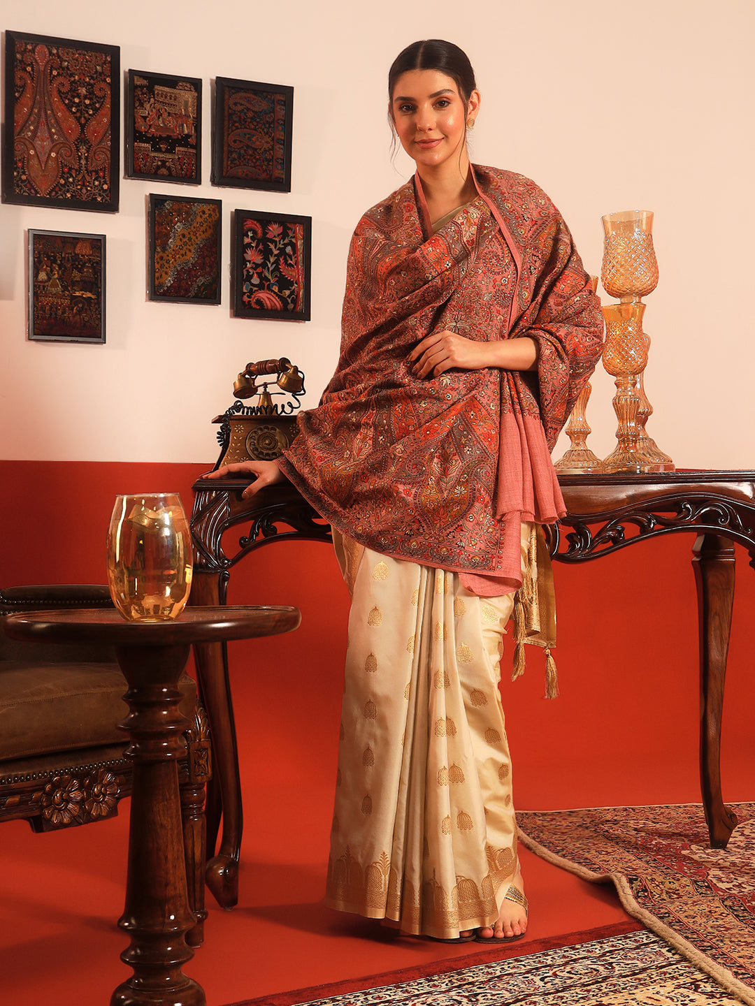 Pashmoda Women Mahnoor 100% Pure Wool Sozni Hand Embroidered Shawl (Size: 101x203 Cm)