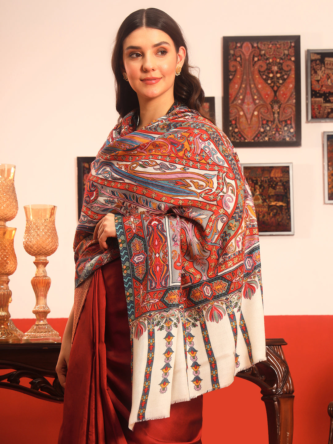 Pashmoda Women Rangrez Rangkalam  100% Pure Wool Fabric Kalamkari Embroidered Shawl (Size:101x203 cm)