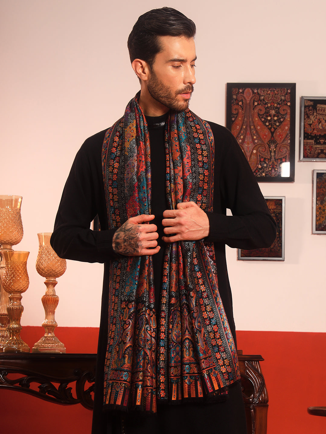 Pashmoda Men Libaas Zari Kaani Fine Wool Shawl (Size: 101X203 CM)