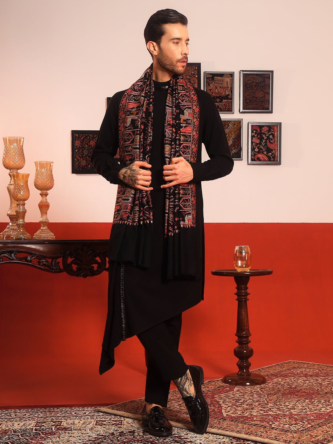 Pashmoda Men Arwina 100% Pure Wool Sozni Hand Embroidered Shawl (Size: 101x203 Cm)