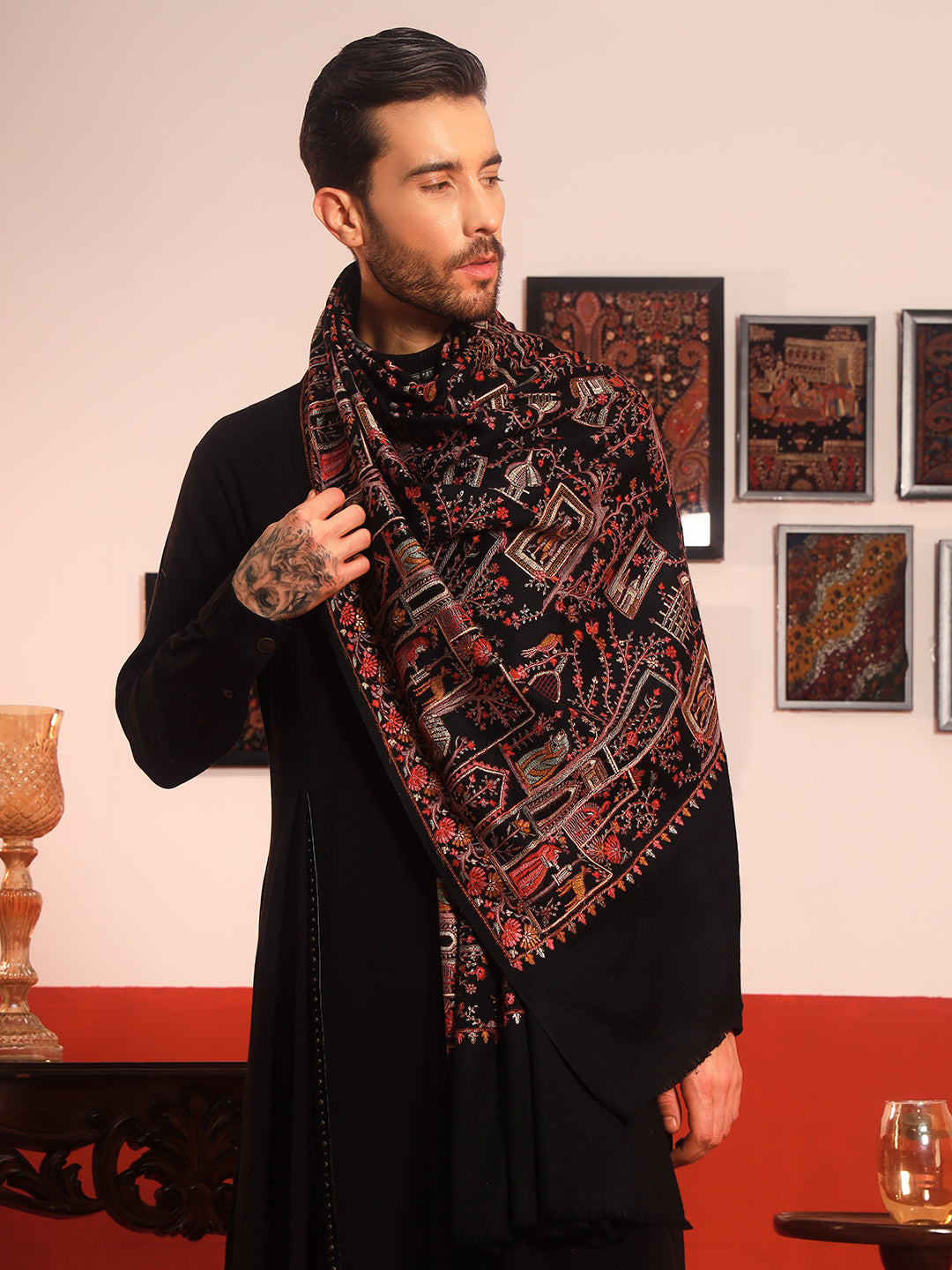 Pashmoda Men Arwina 100% Pure Wool Sozni Hand Embroidered Shawl (Size: 101x203 Cm)
