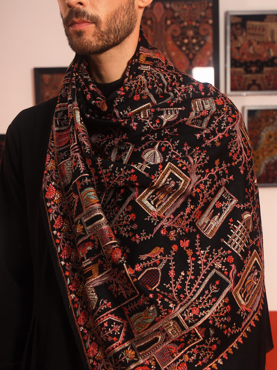 Pashmoda Men Arwina 100% Pure Wool Sozni Hand Embroidered Shawl (Size: 101x203 Cm)