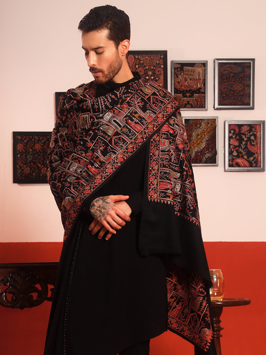Pashmoda Men Arwina 100% Pure Wool Sozni Hand Embroidered Shawl (Size: 101x203 Cm)
