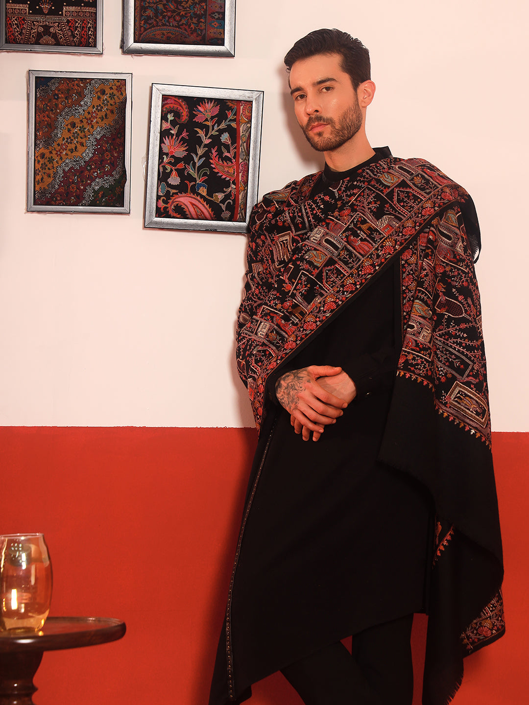 Pashmoda Men Arwina 100% Pure Wool Sozni Hand Embroidered Shawl (Size: 101x203 Cm)