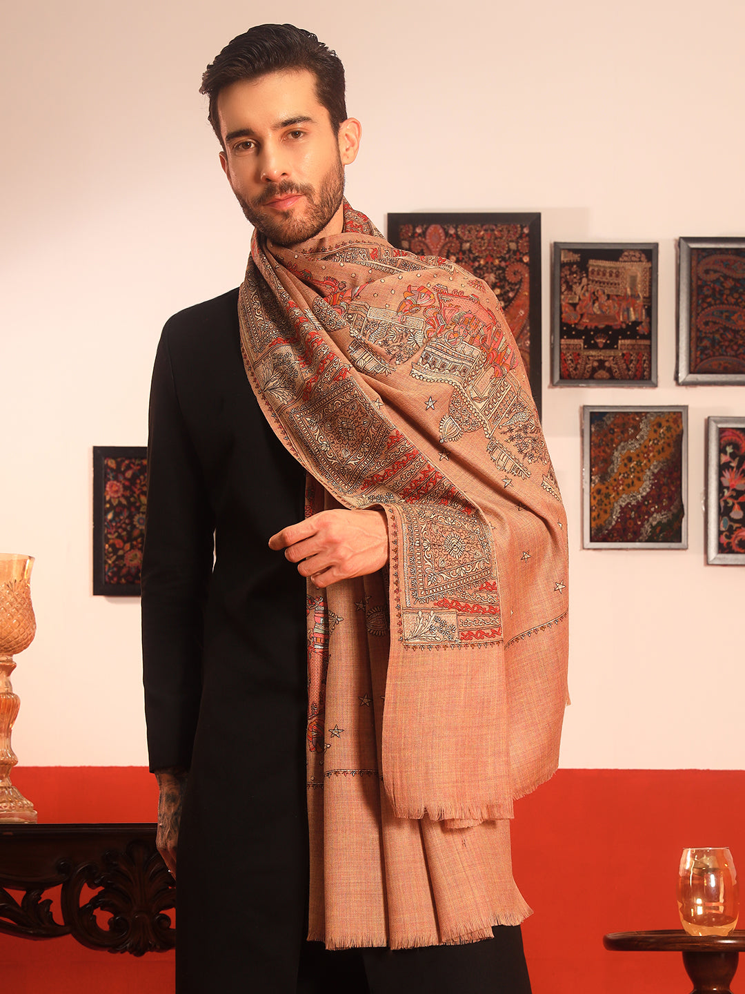 Pashmoda Men Zavian 100% Pure Wool Sozni Hand Embroidered Shawl (Size: 101x203 CM)