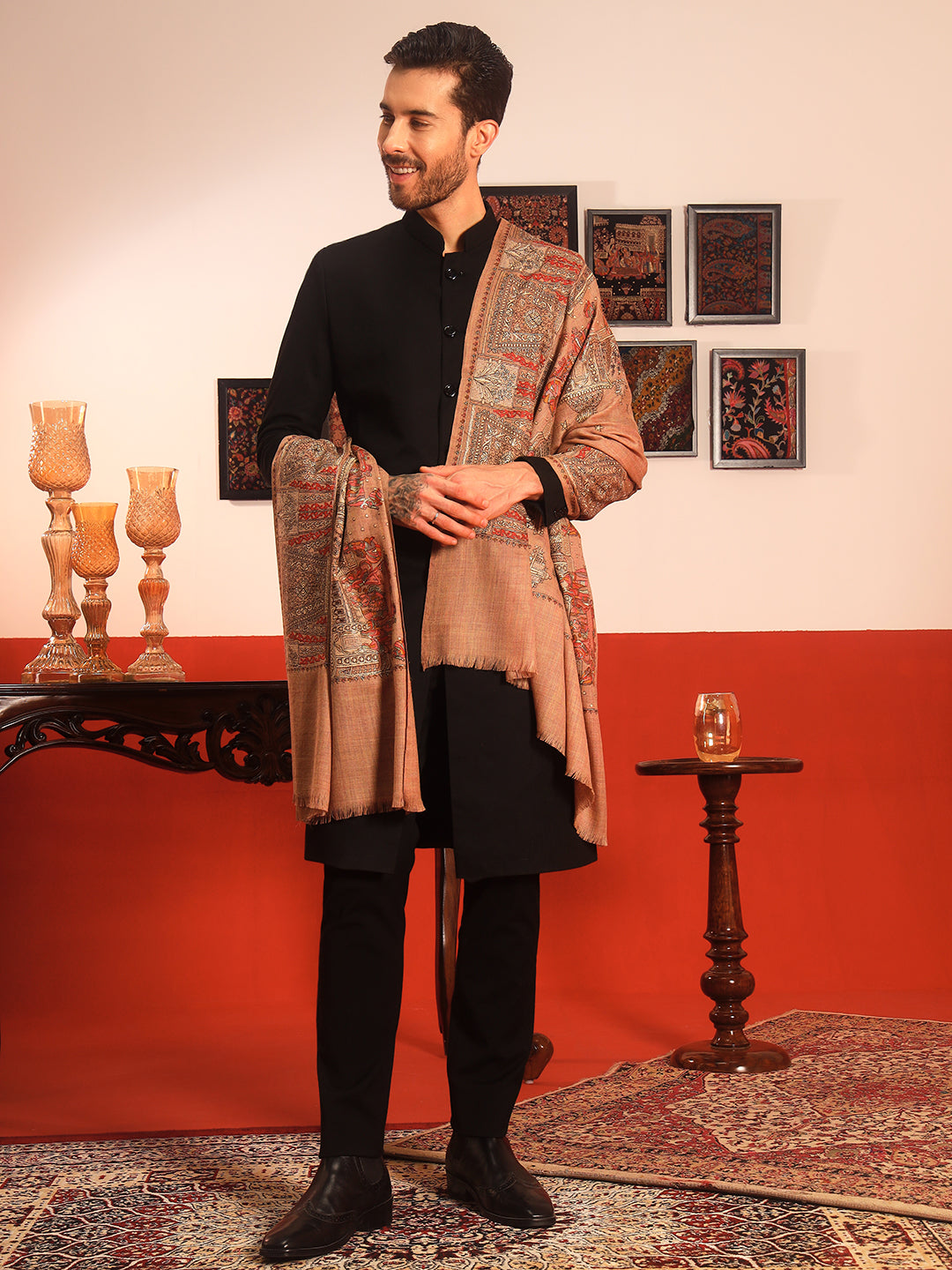 Pashmoda Men Zavian 100% Pure Wool Sozni Hand Embroidered Shawl (Size: 101x203 CM)