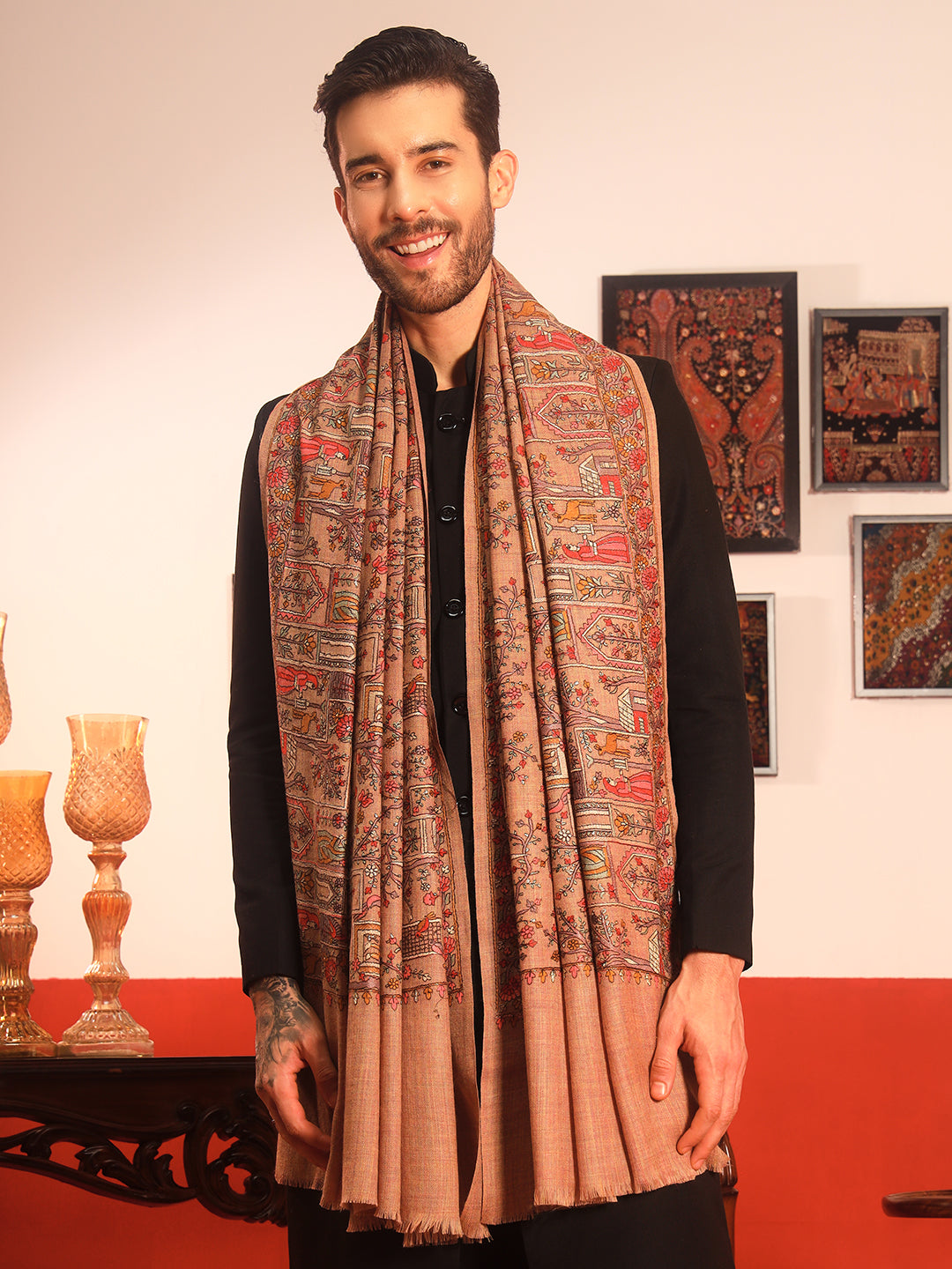 Pashmoda Men Arwina 100% Pure Wool Sozni Hand Embroidered Shawl (Size: 101x203 Cm)