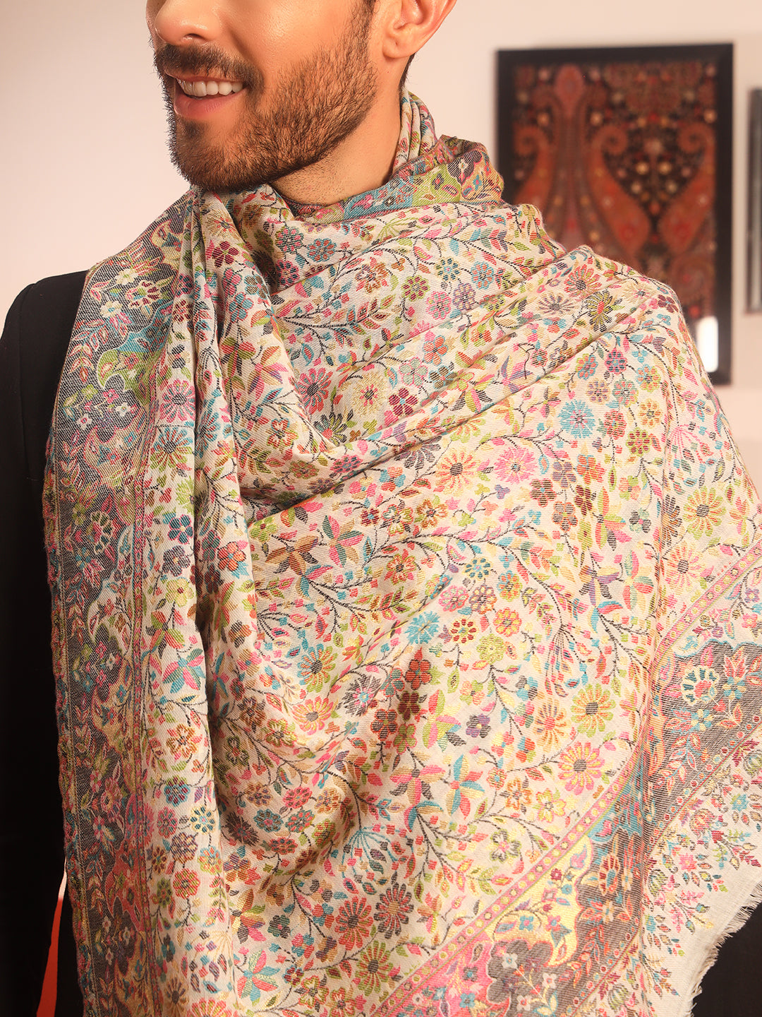 Pashmoda Men Nazrana Kaani Wool Blend Kashmiri Shawl (Size: 101X203 CM)