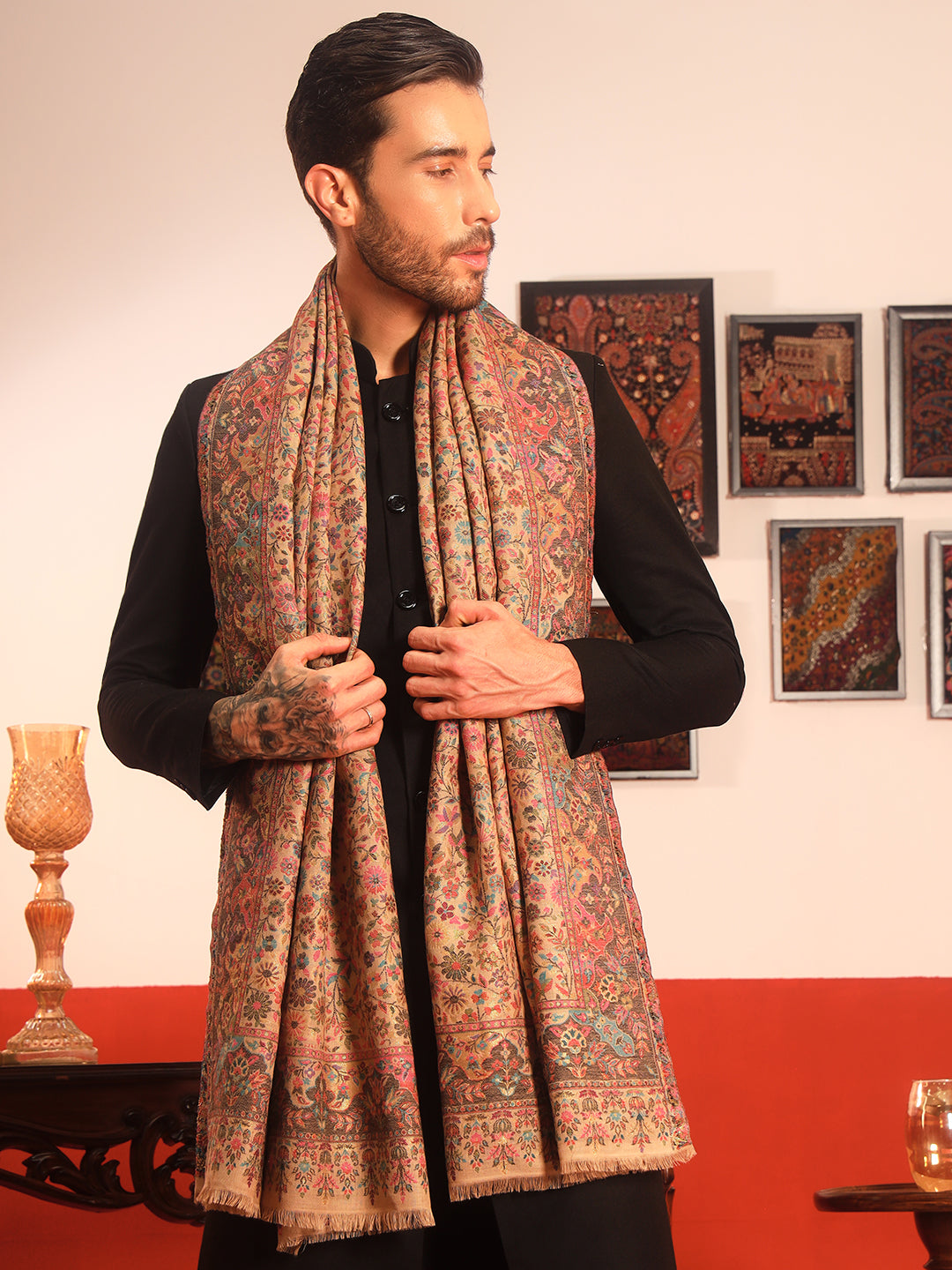 Pashmoda Men Nazrana Kaani Wool Blend Kashmiri Shawl (Size: 101X203 CM)