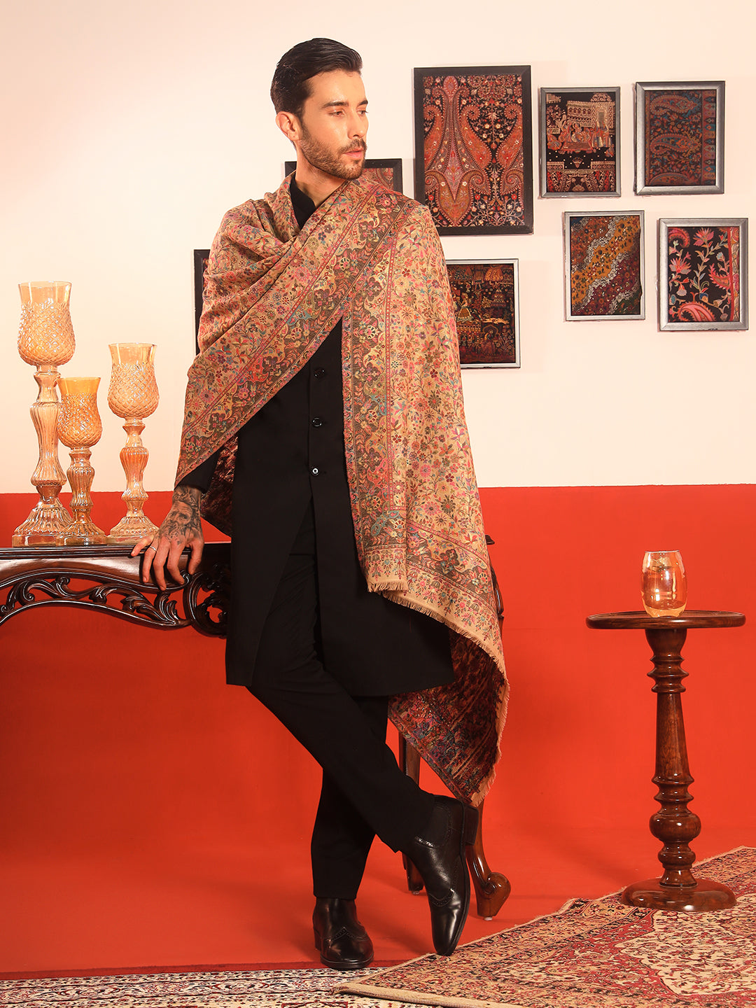 Pashmoda Men Nazrana Kaani Wool Blend Kashmiri Shawl (Size: 101X203 CM)