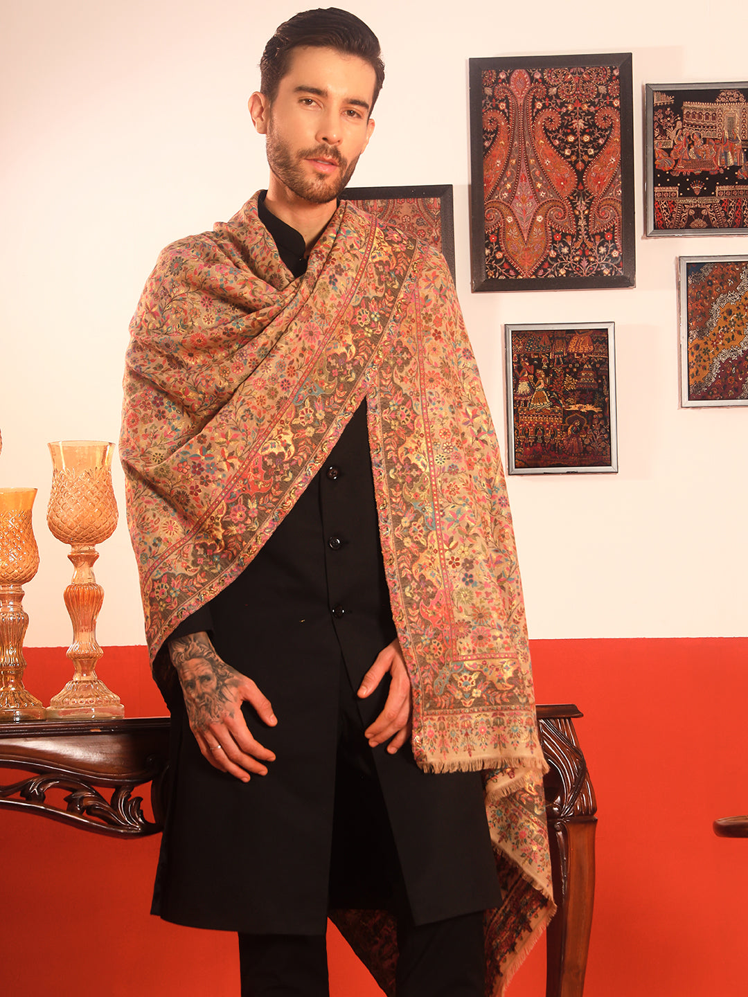 Pashmoda Men Nazrana Kaani Wool Blend Kashmiri Shawl (Size: 101X203 CM)