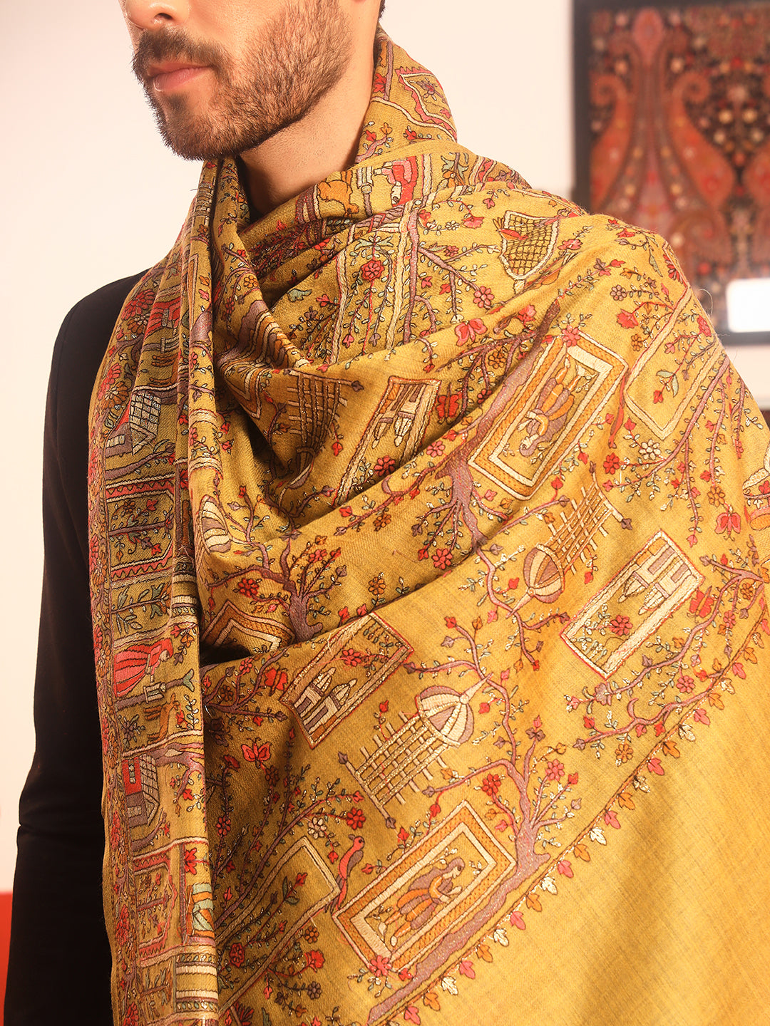 Pashmoda Men Arwina 100% Pure Wool Sozni Hand Embroidered Shawl (Size: 101x203 Cm)