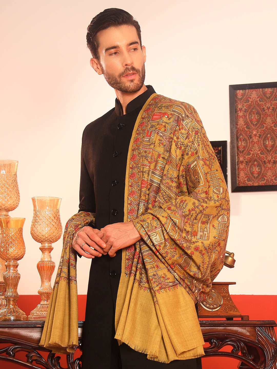 Pashmoda Men Arwina 100% Pure Wool Sozni Hand Embroidered Shawl (Size: 101x203 Cm)