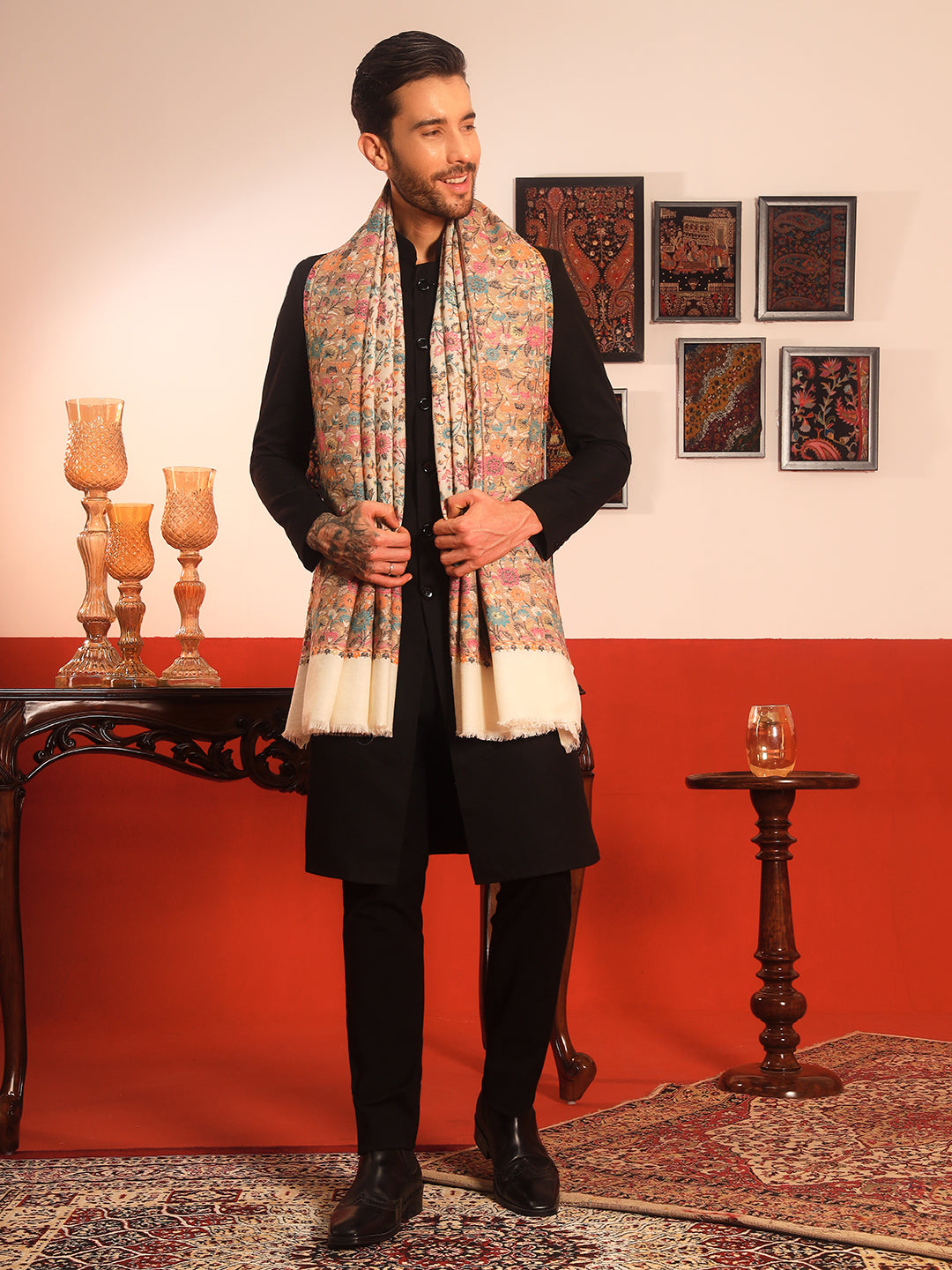 Pashmoda Men Meher Kaani Wool Blend Kashmiri Shawl (Size: 101X203 CM)