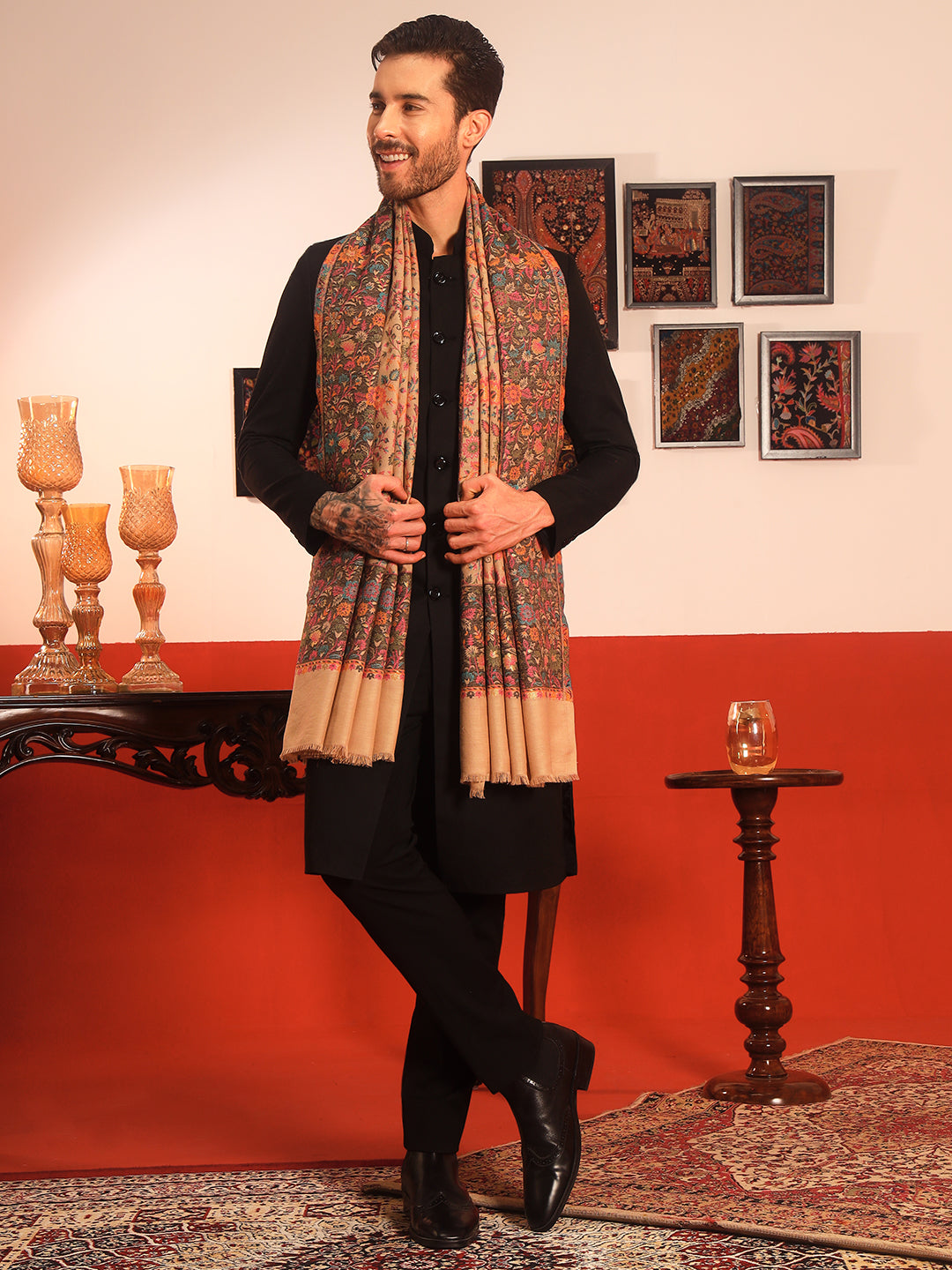 Pashmoda Men Meher Kaani Wool Blend Kashmiri Shawl (Size: 101X203 CM)