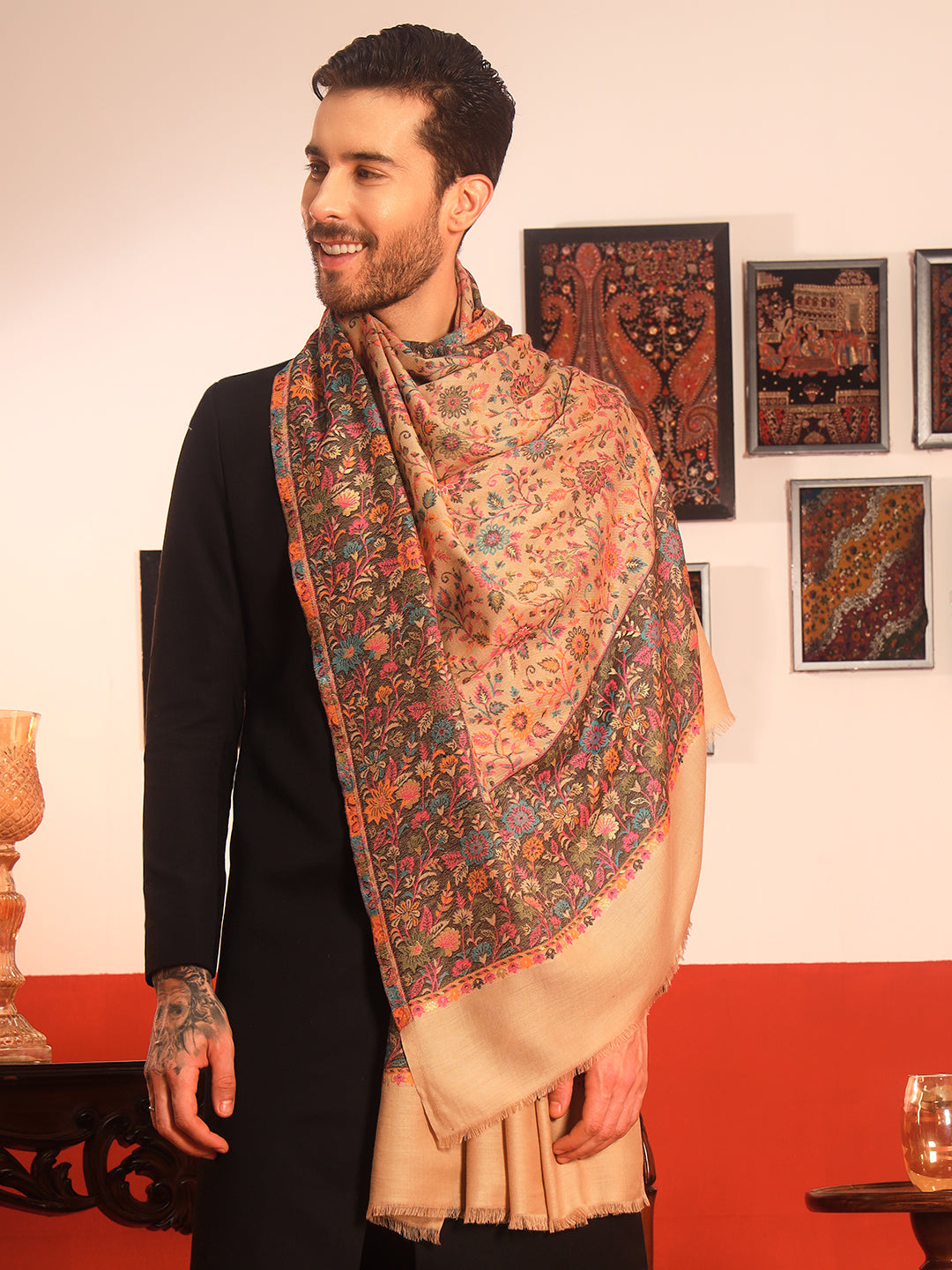 Pashmoda Men Meher Kaani Wool Blend Kashmiri Shawl (Size: 101X203 CM)