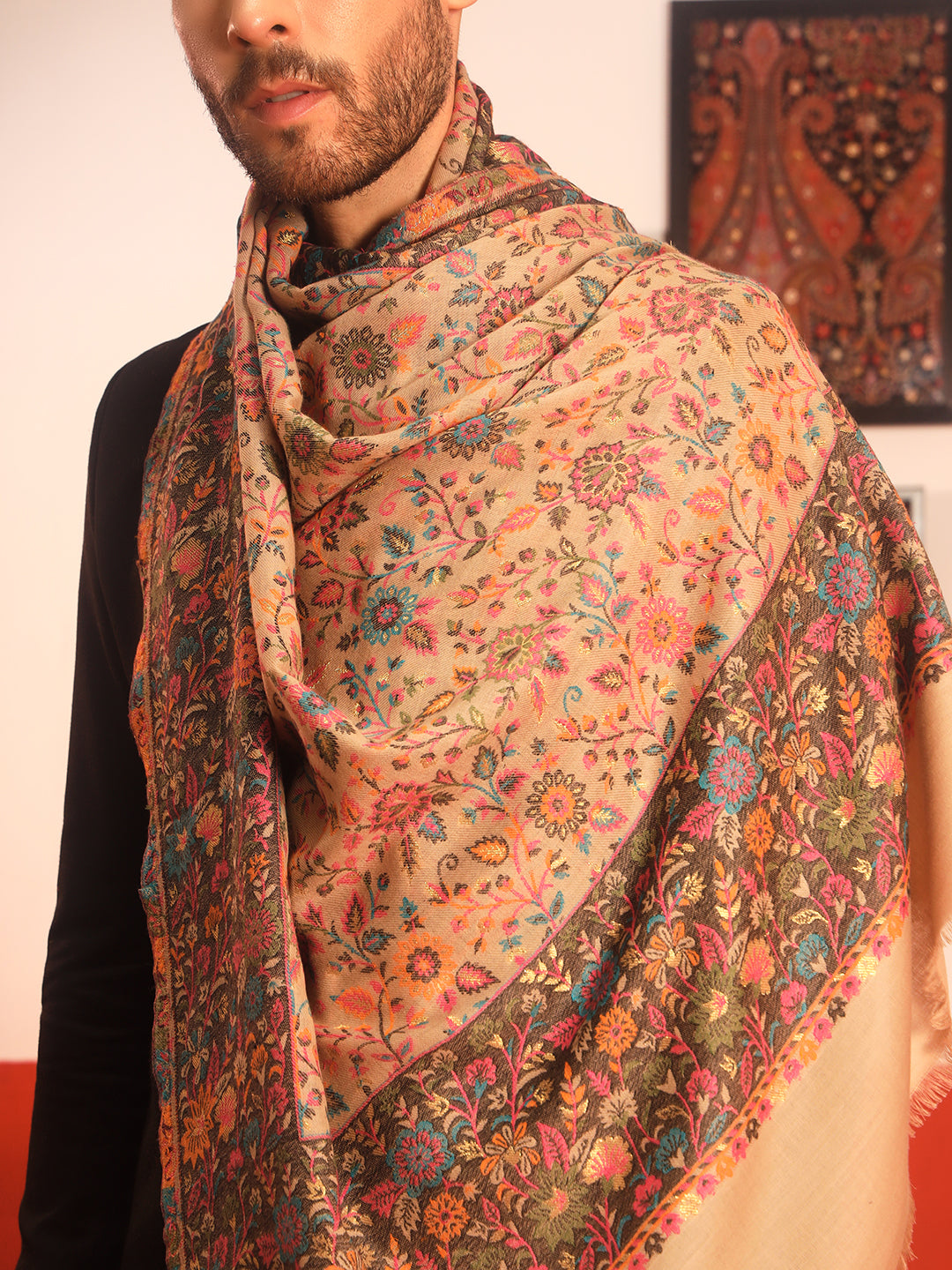 Pashmoda Men Meher Kaani Wool Blend Kashmiri Shawl (Size: 101X203 CM)