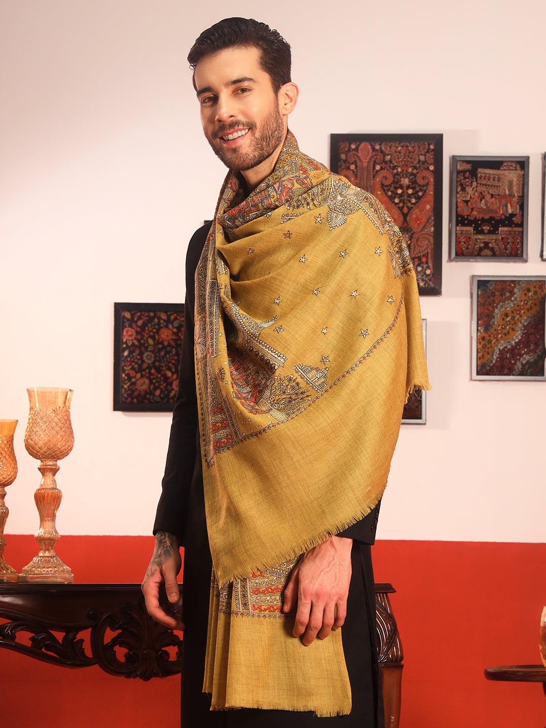 Pashmoda Men Zavian 100% Pure Wool Sozni Hand Embroidered Shawl (Size: 101x203 CM)