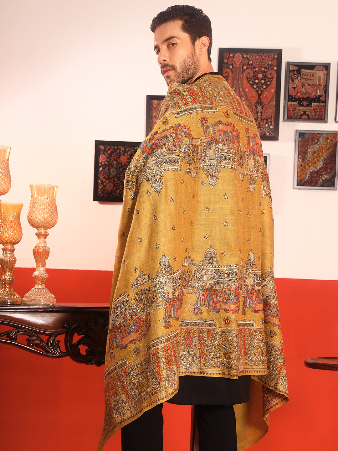 Pashmoda Men Zavian 100% Pure Wool Sozni Hand Embroidered Shawl (Size: 101x203 CM)